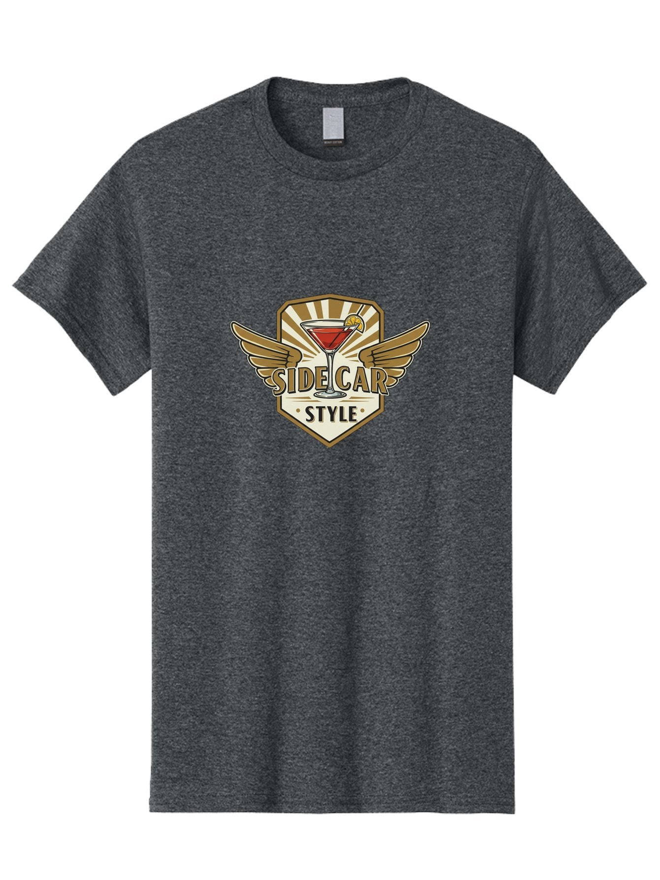 Side-Car-Style Men'S Graphic Tee, 100% Cotton, Comfortable Casual Summer Wear, Machine Washable, Martini Glass, Cocktail Drink, Lemon Slice, Wing Design, Emblem Logo, Vintage Style, Luxury Feel, Barware, Gold Accents, Classic Cocktail Bad564 3