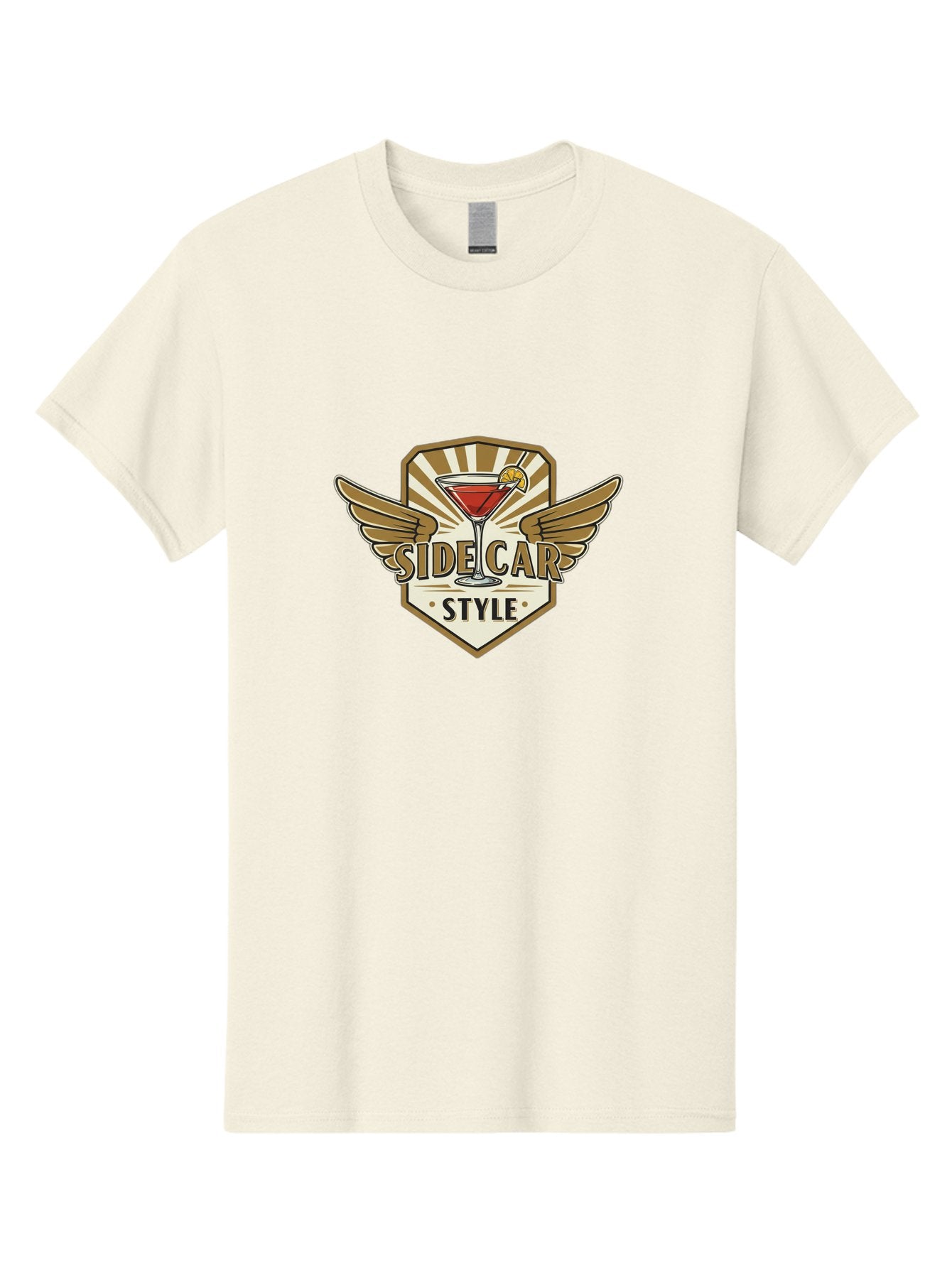 Side-Car-Style Men'S Graphic Tee, 100% Cotton, Comfortable Casual Summer Wear, Machine Washable, Martini Glass, Cocktail Drink, Lemon Slice, Wing Design, Emblem Logo, Vintage Style, Luxury Feel, Barware, Gold Accents, Classic Cocktail Bad564