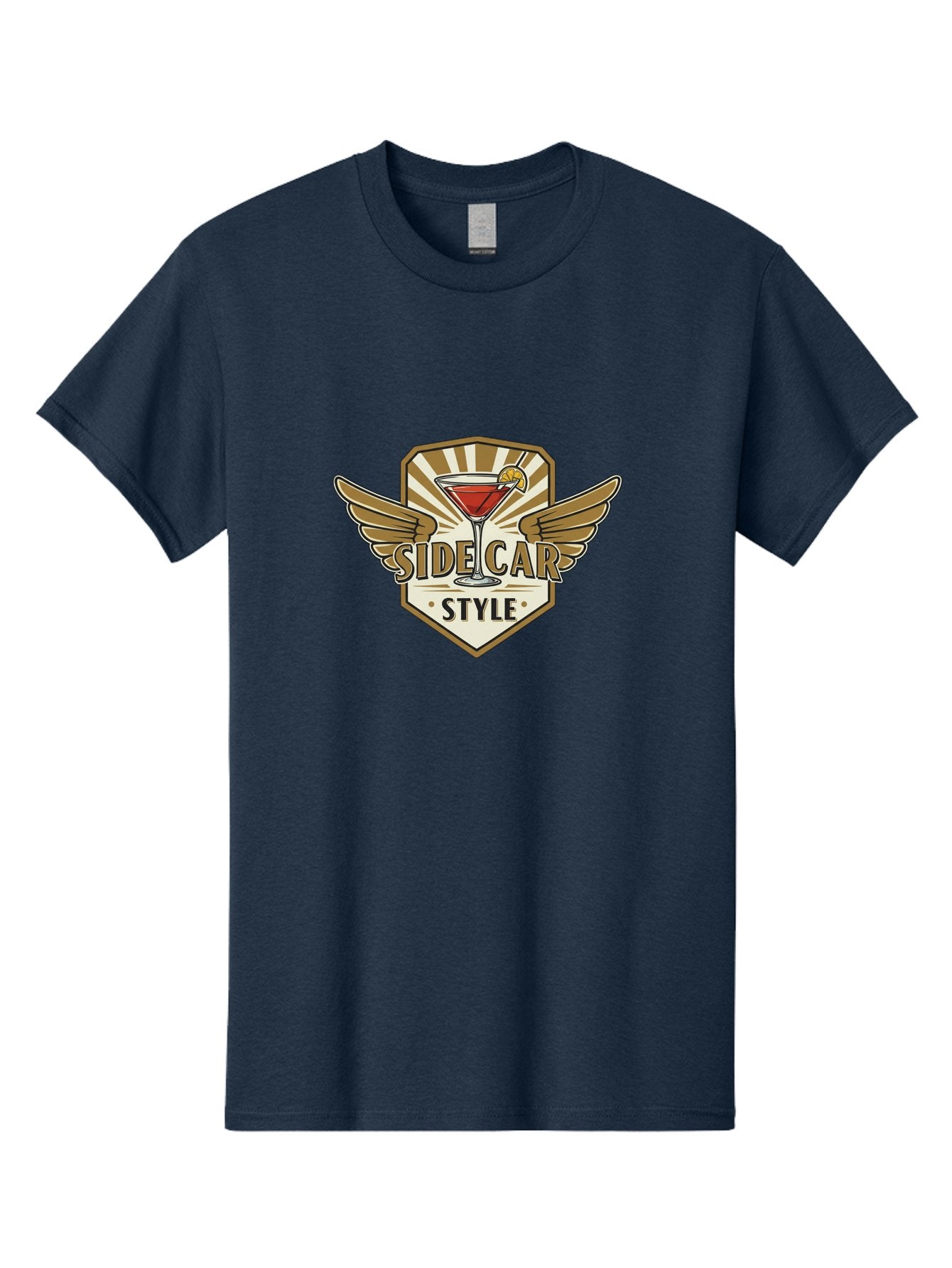 Side-Car-Style Men'S Graphic Tee, 100% Cotton, Comfortable Casual Summer Wear, Machine Washable, Martini Glass, Cocktail Drink, Lemon Slice, Wing Design, Emblem Logo, Vintage Style, Luxury Feel, Barware, Gold Accents, Classic Cocktail Bad564 5
