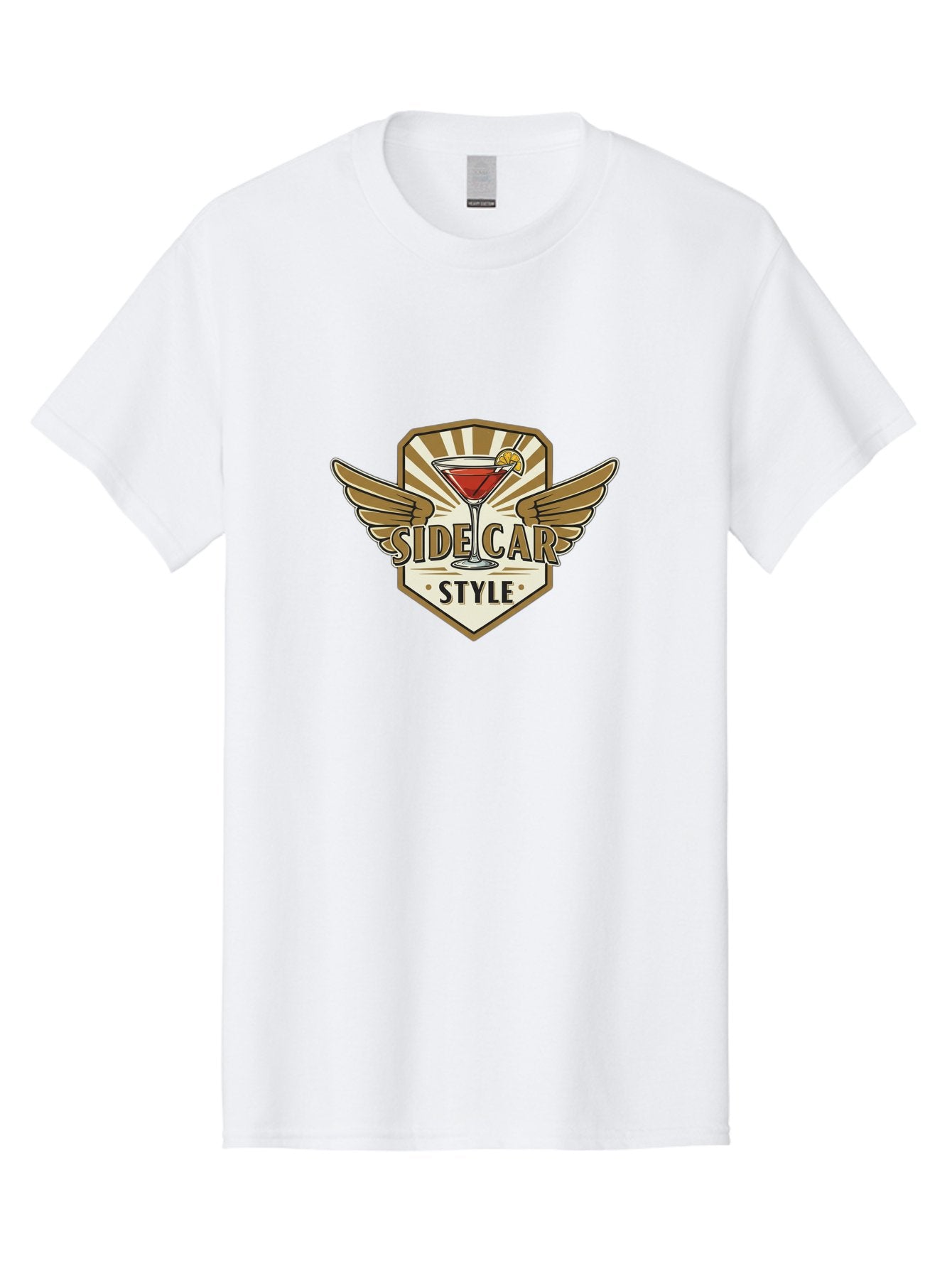 Side-Car-Style Men'S Graphic Tee, 100% Cotton, Comfortable Casual Summer Wear, Machine Washable, Martini Glass, Cocktail Drink, Lemon Slice, Wing Design, Emblem Logo, Vintage Style, Luxury Feel, Barware, Gold Accents, Classic Cocktail Bad564 15