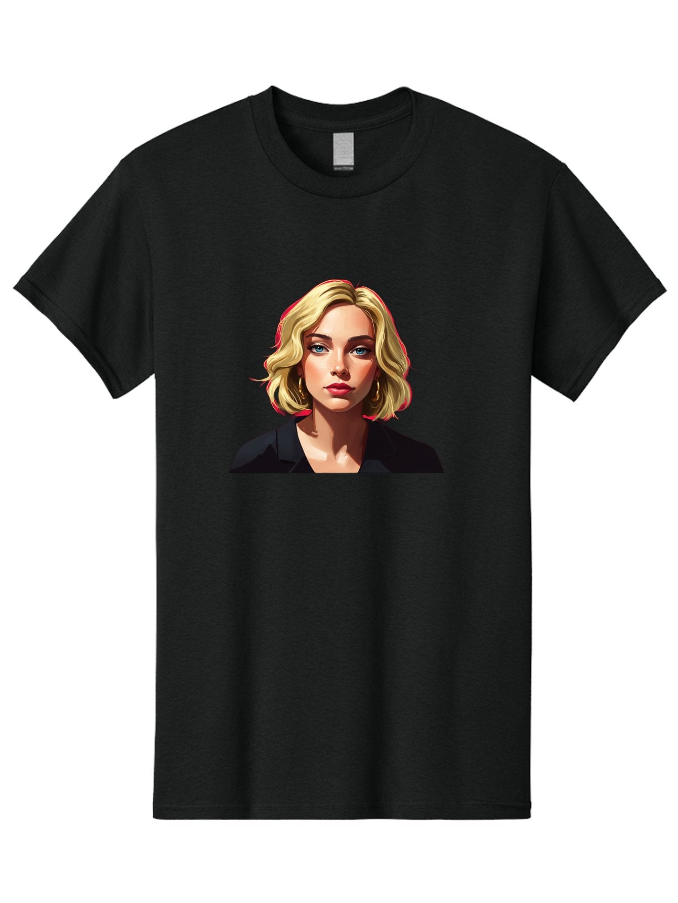 Sienna-Miller-Portrait Men'S Graphic Tee, 100% Cotton, Comfortable Casual Summer Wear, Machine Washable, Blonde Hair, Blue Eyes, Red Lipstick, Gold Hoop Earrings, Black Shirt, Digital Art, Modern Style, Young Woman, Stylish Look, Bad565 14
