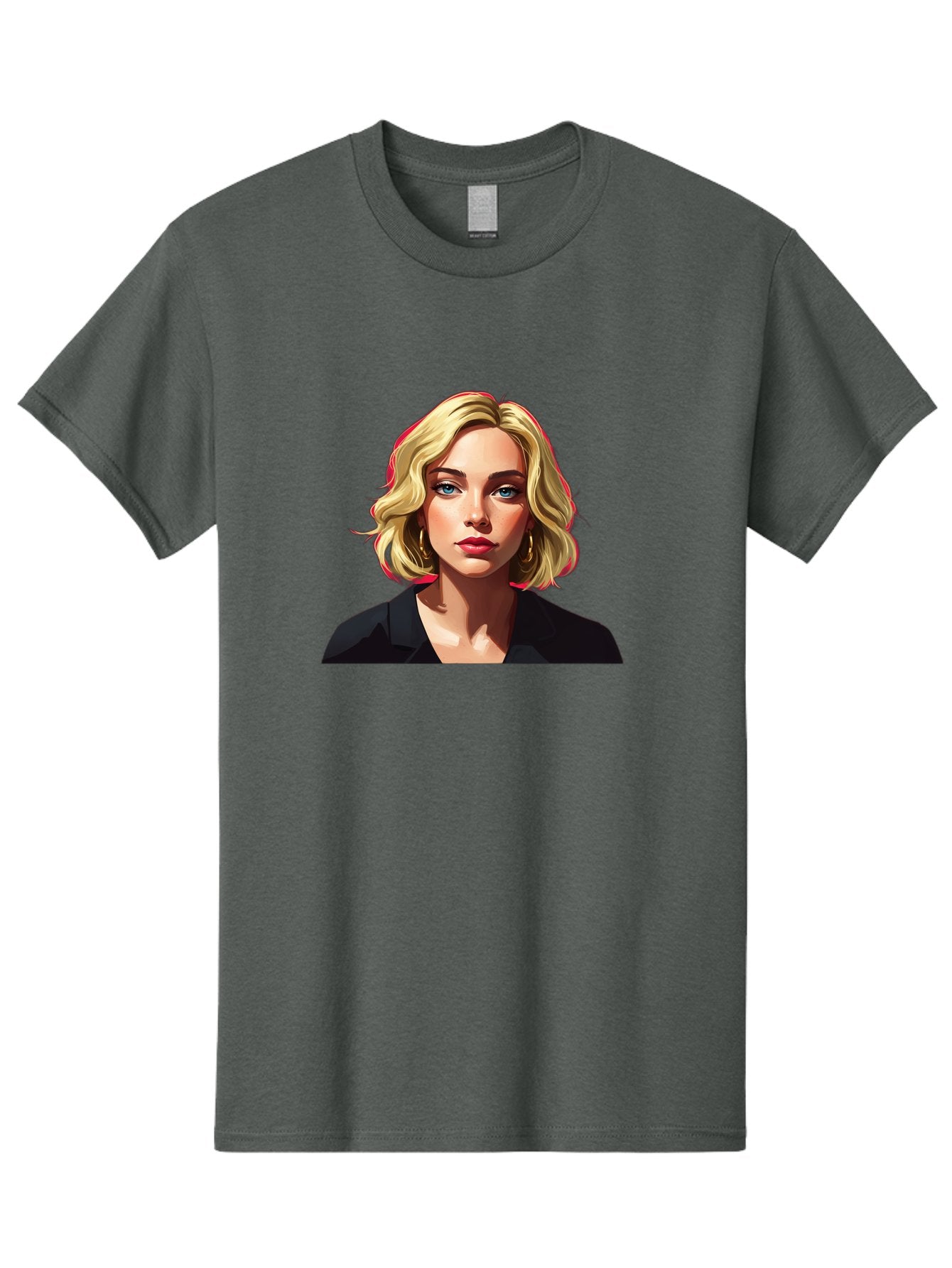 Sienna-Miller-Portrait Men'S Graphic Tee, 100% Cotton, Comfortable Casual Summer Wear, Machine Washable, Blonde Hair, Blue Eyes, Red Lipstick, Gold Hoop Earrings, Black Shirt, Digital Art, Modern Style, Young Woman, Stylish Look, Bad565 10