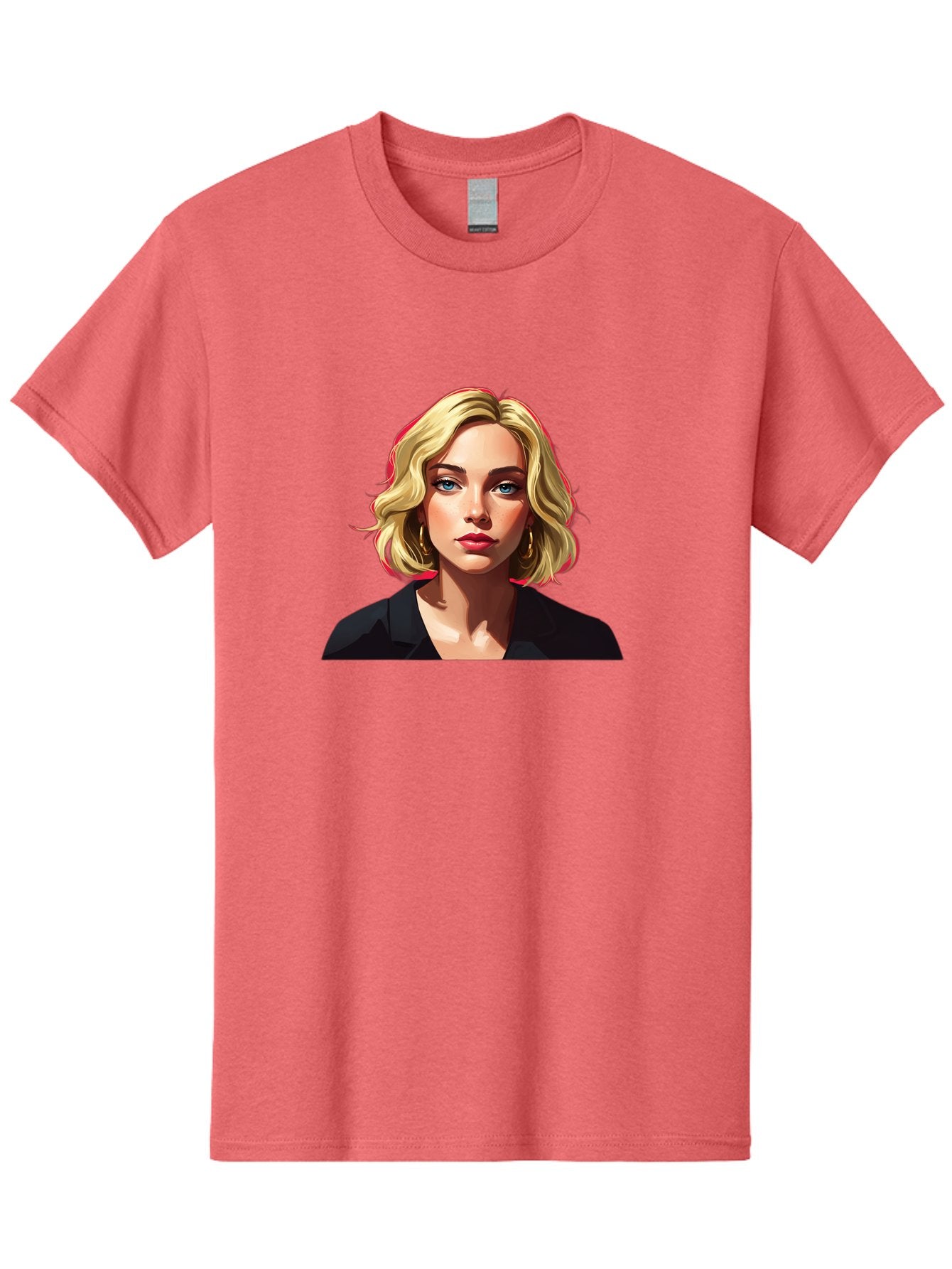 Sienna-Miller-Portrait Men'S Graphic Tee, 100% Cotton, Comfortable Casual Summer Wear, Machine Washable, Blonde Hair, Blue Eyes, Red Lipstick, Gold Hoop Earrings, Black Shirt, Digital Art, Modern Style, Young Woman, Stylish Look, Bad565 3