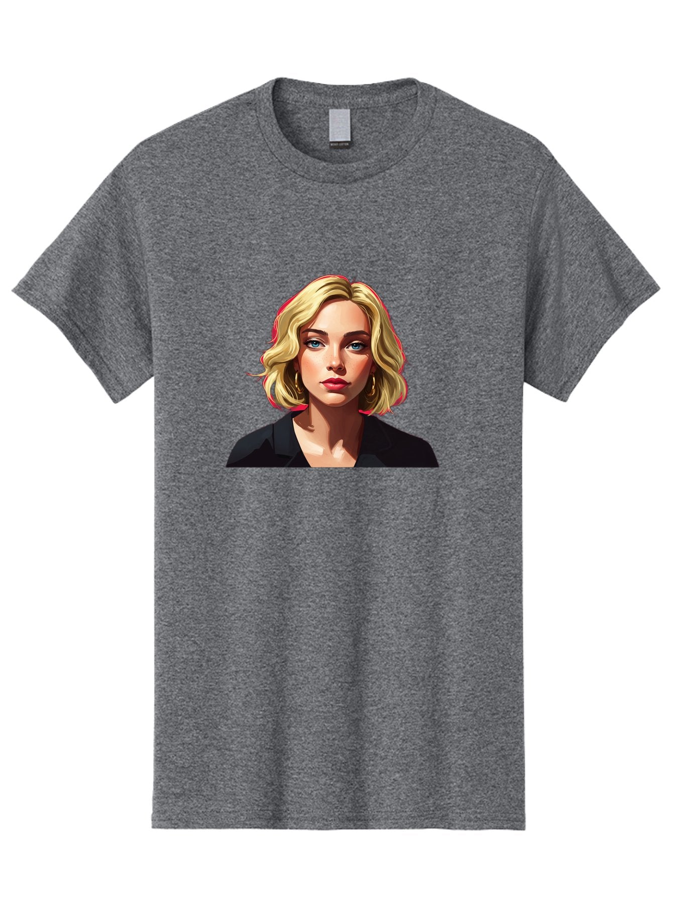 Sienna-Miller-Portrait Men'S Graphic Tee, 100% Cotton, Comfortable Casual Summer Wear, Machine Washable, Blonde Hair, Blue Eyes, Red Lipstick, Gold Hoop Earrings, Black Shirt, Digital Art, Modern Style, Young Woman, Stylish Look, Bad565 13