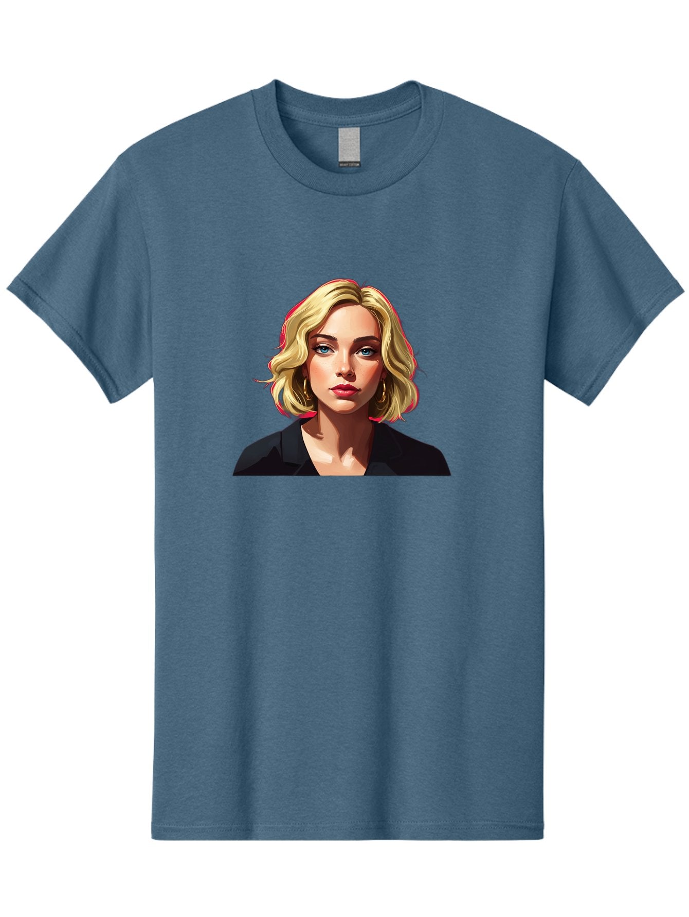 Sienna-Miller-Portrait Men'S Graphic Tee, 100% Cotton, Comfortable Casual Summer Wear, Machine Washable, Blonde Hair, Blue Eyes, Red Lipstick, Gold Hoop Earrings, Black Shirt, Digital Art, Modern Style, Young Woman, Stylish Look, Bad565 12