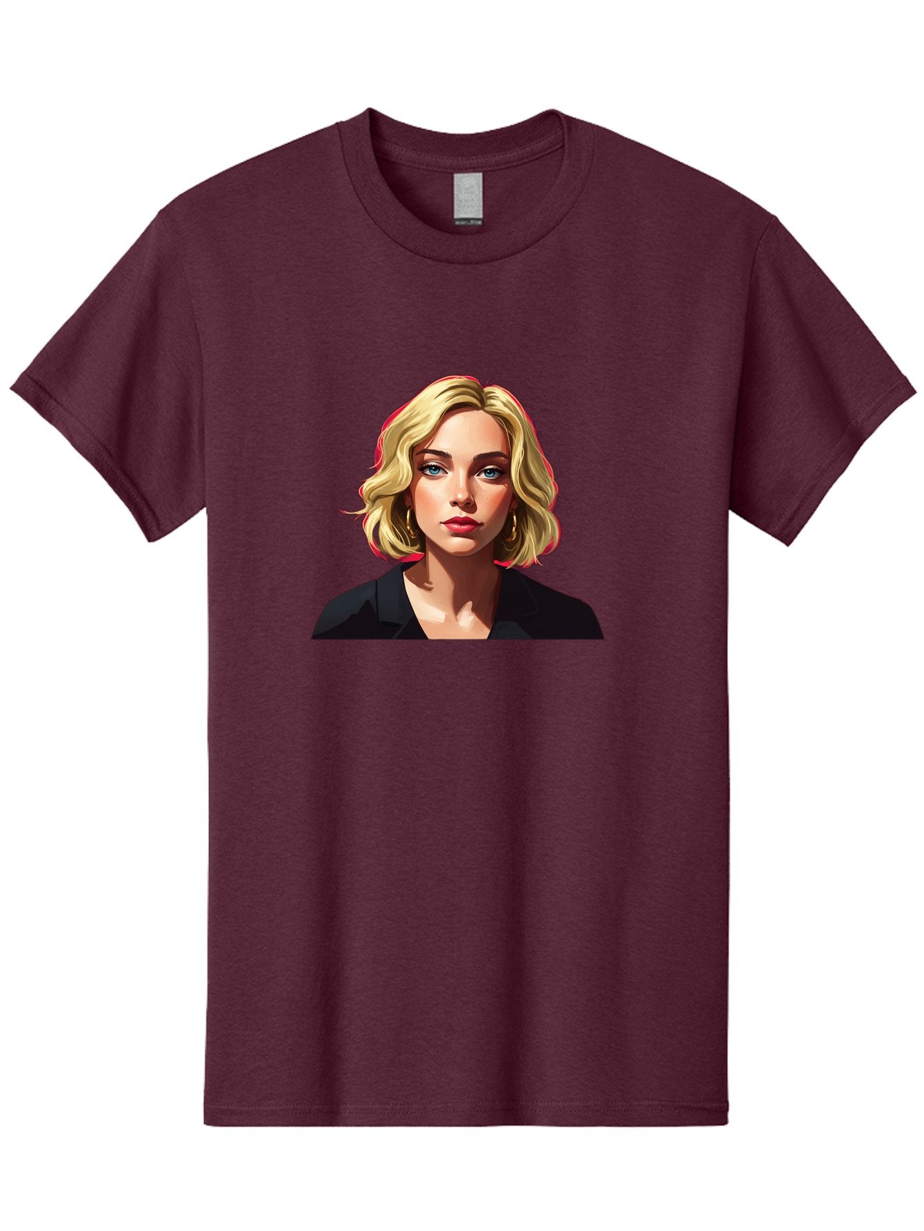 Sienna-Miller-Portrait Men'S Graphic Tee, 100% Cotton, Comfortable Casual Summer Wear, Machine Washable, Blonde Hair, Blue Eyes, Red Lipstick, Gold Hoop Earrings, Black Shirt, Digital Art, Modern Style, Young Woman, Stylish Look, Bad565 7
