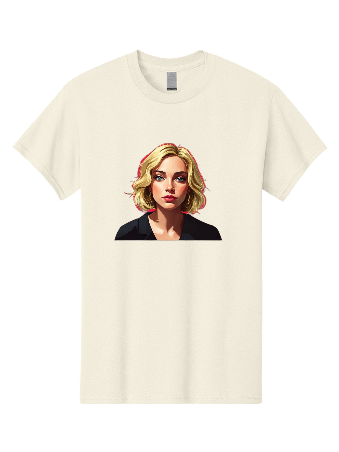 Sienna-Miller-Portrait Men'S Graphic Tee, 100% Cotton, Comfortable Casual Summer Wear, Machine Washable, Blonde Hair, Blue Eyes, Red Lipstick, Gold Hoop Earrings, Black Shirt, Digital Art, Modern Style, Young Woman, Stylish Look, Bad565 8