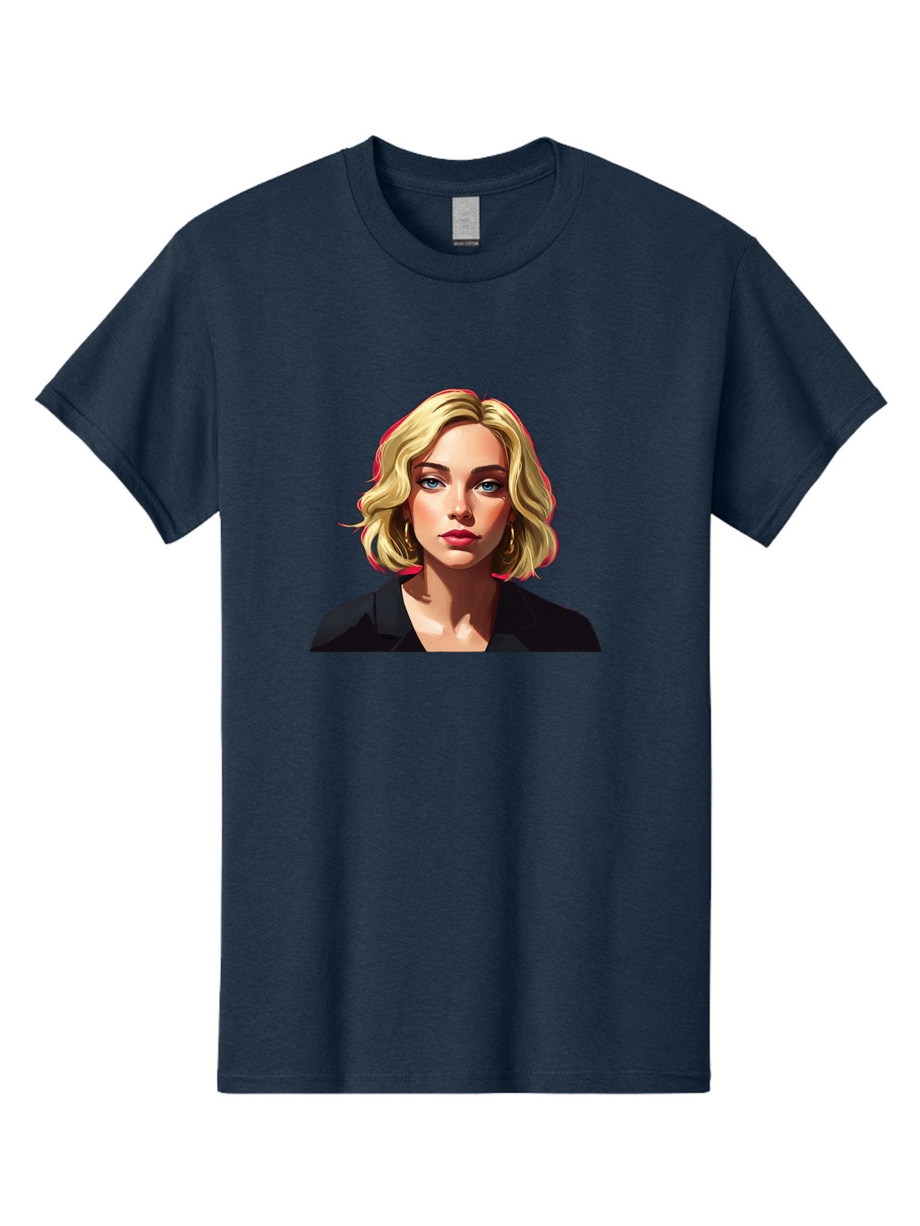 Sienna-Miller-Portrait Men'S Graphic Tee, 100% Cotton, Comfortable Casual Summer Wear, Machine Washable, Blonde Hair, Blue Eyes, Red Lipstick, Gold Hoop Earrings, Black Shirt, Digital Art, Modern Style, Young Woman, Stylish Look, Bad565 15