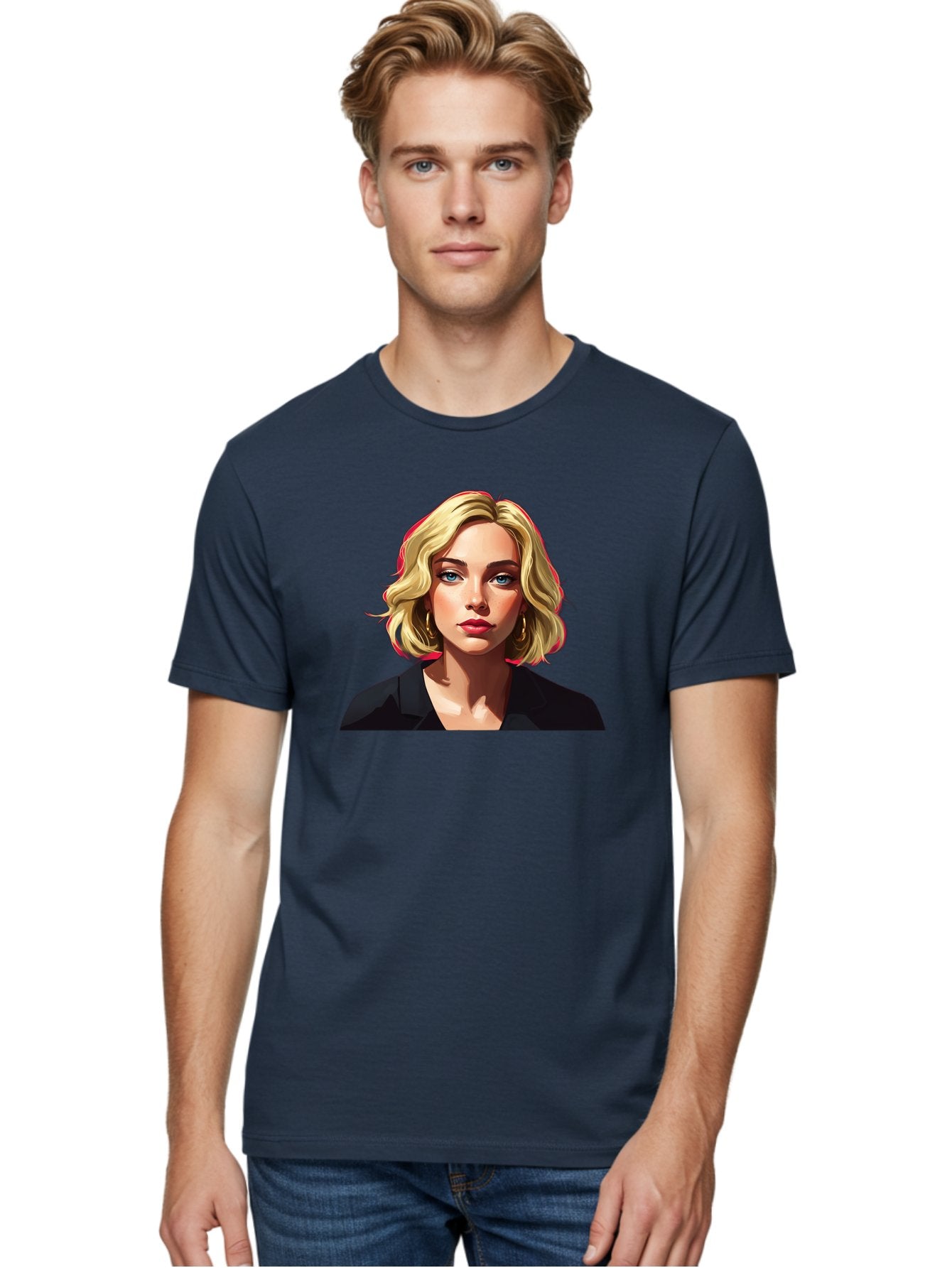 Sienna-Miller-Portrait Men'S Graphic Tee, 100% Cotton, Comfortable Casual Summer Wear, Machine Washable, Blonde Hair, Blue Eyes, Red Lipstick, Gold Hoop Earrings, Black Shirt, Digital Art, Modern Style, Young Woman, Stylish Look, Bad565 30