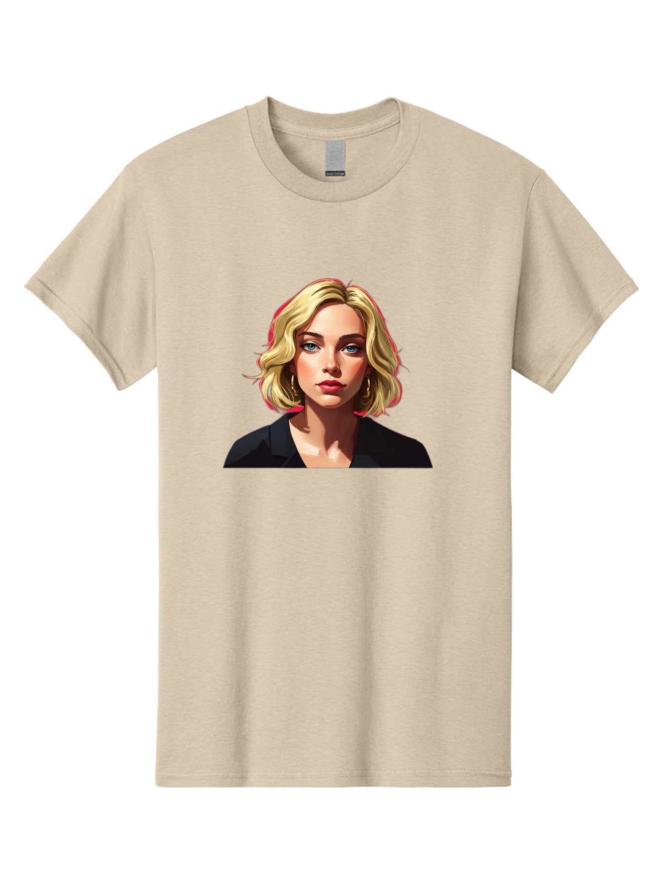 Sienna-Miller-Portrait Men'S Graphic Tee, 100% Cotton, Comfortable Casual Summer Wear, Machine Washable, Blonde Hair, Blue Eyes, Red Lipstick, Gold Hoop Earrings, Black Shirt, Digital Art, Modern Style, Young Woman, Stylish Look, Bad565