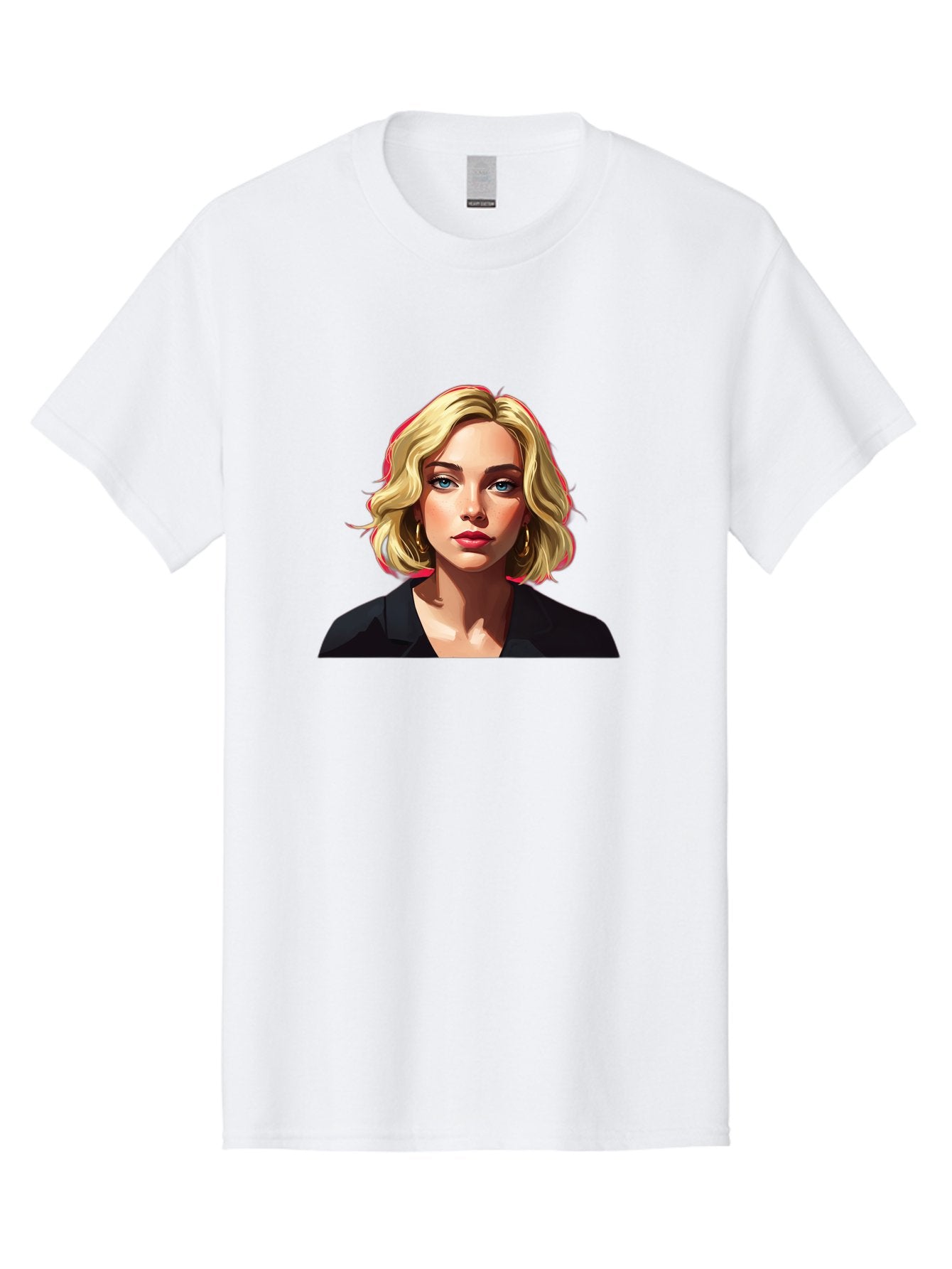 Sienna-Miller-Portrait Men'S Graphic Tee, 100% Cotton, Comfortable Casual Summer Wear, Machine Washable, Blonde Hair, Blue Eyes, Red Lipstick, Gold Hoop Earrings, Black Shirt, Digital Art, Modern Style, Young Woman, Stylish Look, Bad565 4