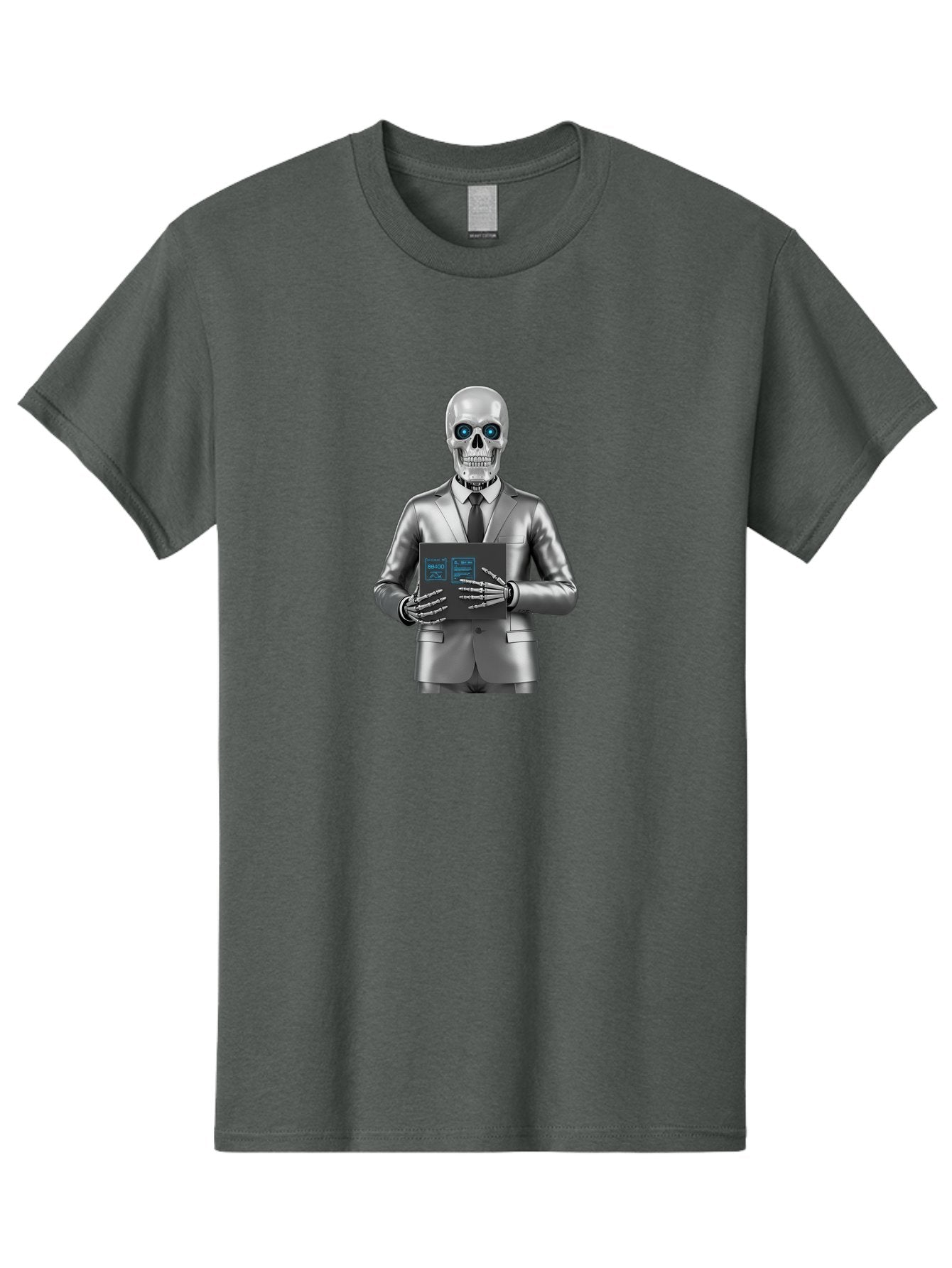 Silver-Skeleton Men'S Graphic Tee, 100% Cotton, Comfortable Casual Summer Wear, Machine Washable, Silver Skeleton In Suit, Futuristic Business Attire, Skeletal Businessman, Chrome Finish, Blue Glowing Eyes, Black Tie, Black Tech Tablet, Bad566 6