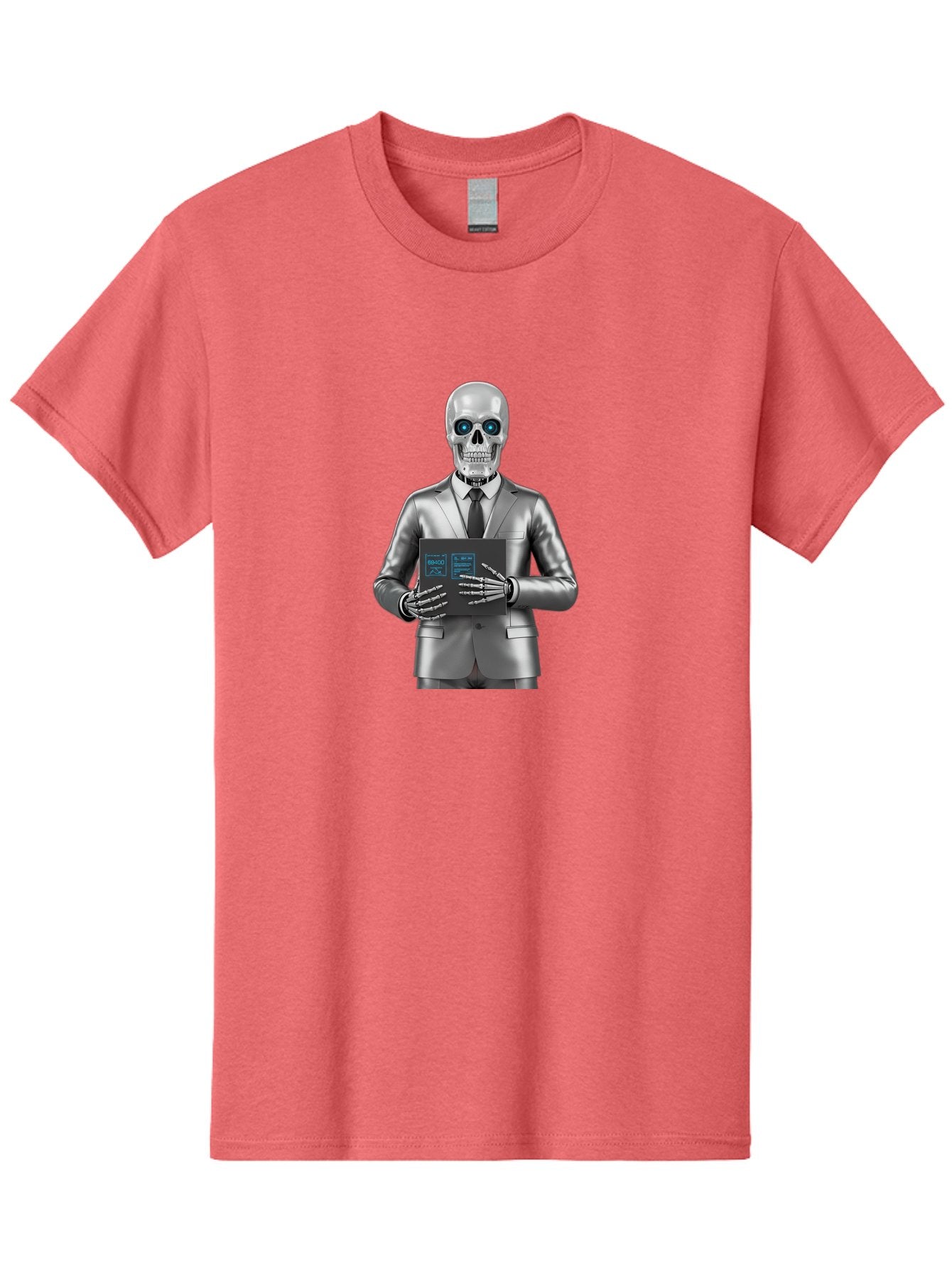 Silver-Skeleton Men'S Graphic Tee, 100% Cotton, Comfortable Casual Summer Wear, Machine Washable, Silver Skeleton In Suit, Futuristic Business Attire, Skeletal Businessman, Chrome Finish, Blue Glowing Eyes, Black Tie, Black Tech Tablet, Bad566 11