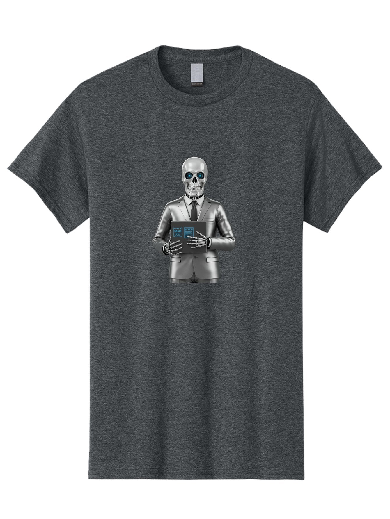 Silver-Skeleton Men'S Graphic Tee, 100% Cotton, Comfortable Casual Summer Wear, Machine Washable, Silver Skeleton In Suit, Futuristic Business Attire, Skeletal Businessman, Chrome Finish, Blue Glowing Eyes, Black Tie, Black Tech Tablet, Bad566 15