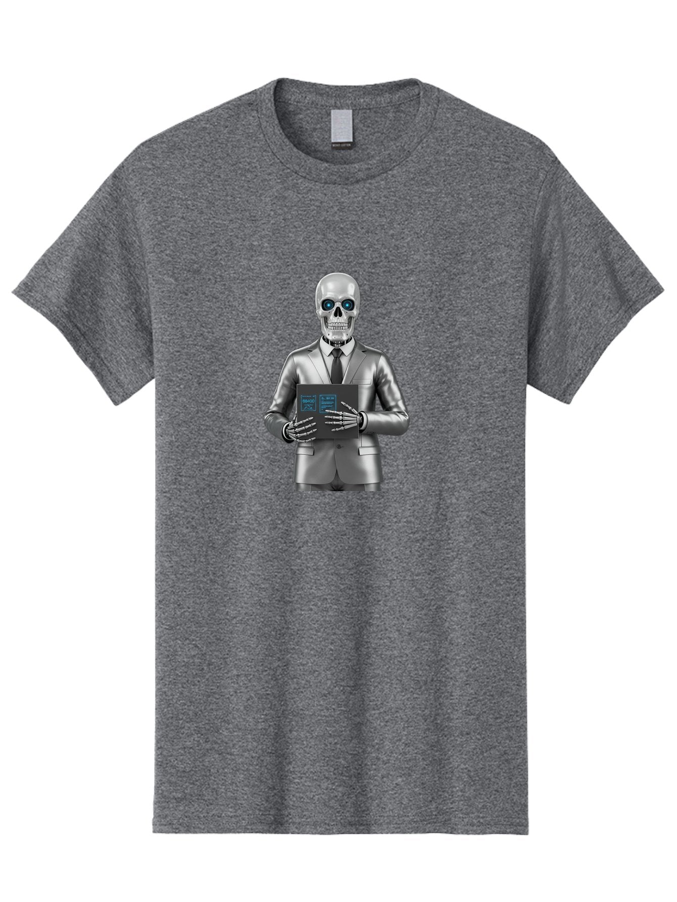 Silver-Skeleton Men'S Graphic Tee, 100% Cotton, Comfortable Casual Summer Wear, Machine Washable, Silver Skeleton In Suit, Futuristic Business Attire, Skeletal Businessman, Chrome Finish, Blue Glowing Eyes, Black Tie, Black Tech Tablet, Bad566
