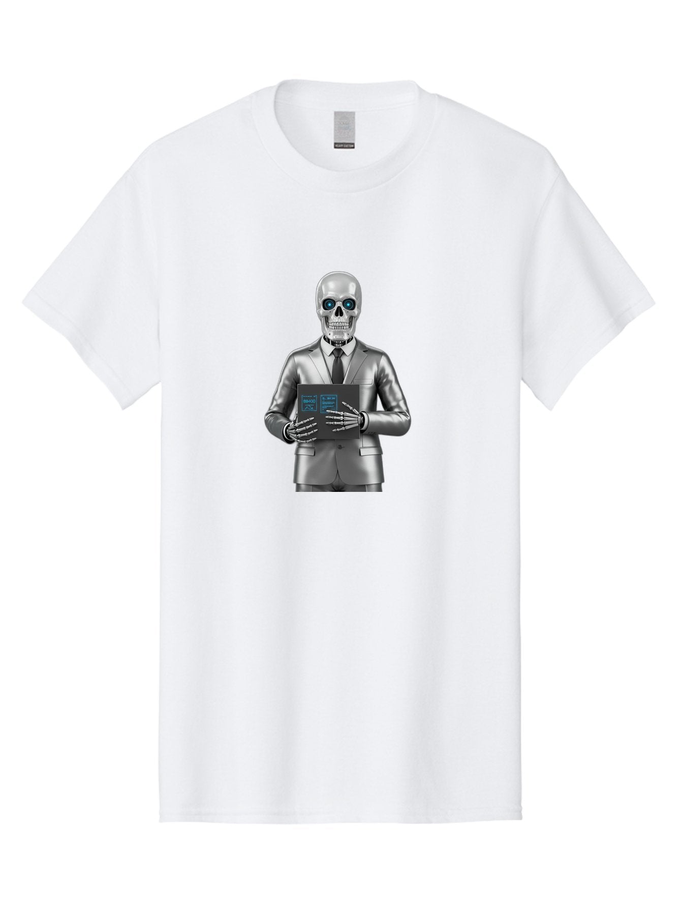 Silver-Skeleton Men'S Graphic Tee, 100% Cotton, Comfortable Casual Summer Wear, Machine Washable, Silver Skeleton In Suit, Futuristic Business Attire, Skeletal Businessman, Chrome Finish, Blue Glowing Eyes, Black Tie, Black Tech Tablet, Bad566 9
