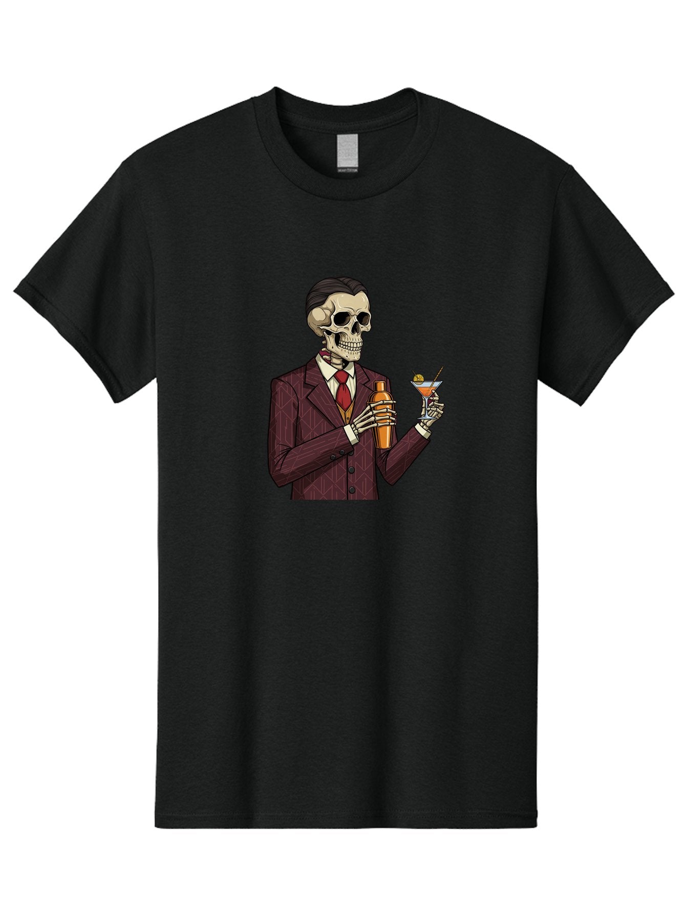 Skeleton-Bartender Men'S Graphic Tee, 100% Cotton, Comfortable Casual Summer Wear, Machine Washable, Skeleton Bartender, Cocktail Shaker, Martini Glass, Red Tie, Maroon Suit, Orange Cocktail, Cocktail Bar, Barware, Mixology Bad568 12
