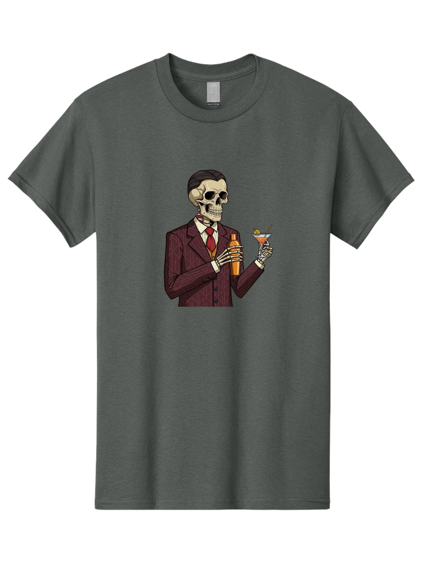Skeleton-Bartender Men'S Graphic Tee, 100% Cotton, Comfortable Casual Summer Wear, Machine Washable, Skeleton Bartender, Cocktail Shaker, Martini Glass, Red Tie, Maroon Suit, Orange Cocktail, Cocktail Bar, Barware, Mixology Bad568 6