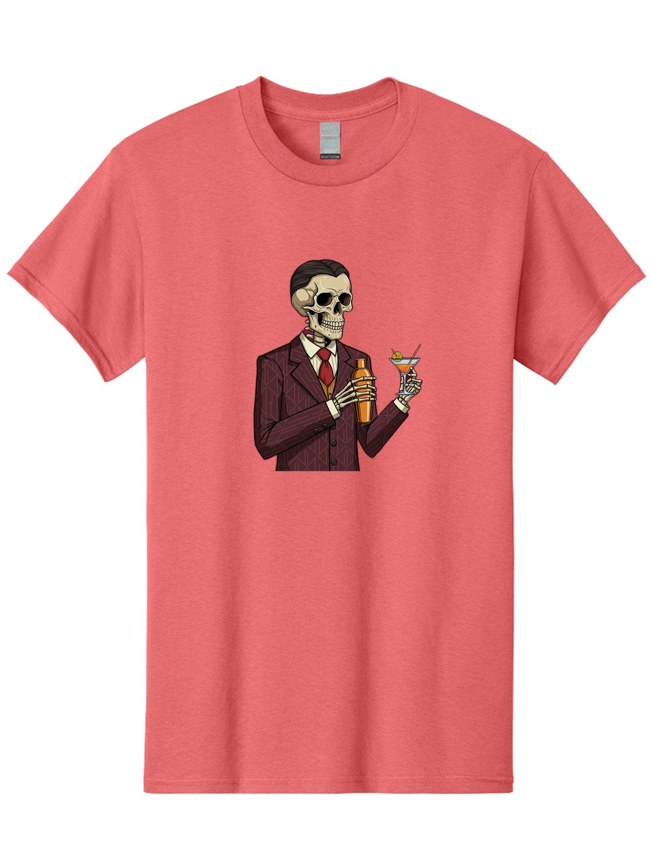 Skeleton-Bartender Men'S Graphic Tee, 100% Cotton, Comfortable Casual Summer Wear, Machine Washable, Skeleton Bartender, Cocktail Shaker, Martini Glass, Red Tie, Maroon Suit, Orange Cocktail, Cocktail Bar, Barware, Mixology Bad568 8