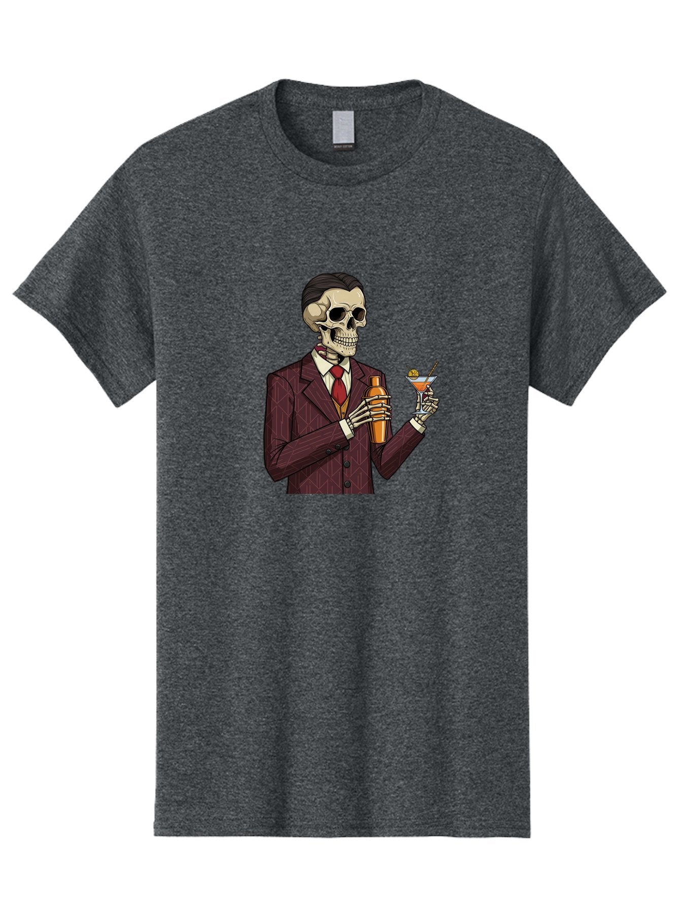 Skeleton-Bartender Men'S Graphic Tee, 100% Cotton, Comfortable Casual Summer Wear, Machine Washable, Skeleton Bartender, Cocktail Shaker, Martini Glass, Red Tie, Maroon Suit, Orange Cocktail, Cocktail Bar, Barware, Mixology Bad568 13