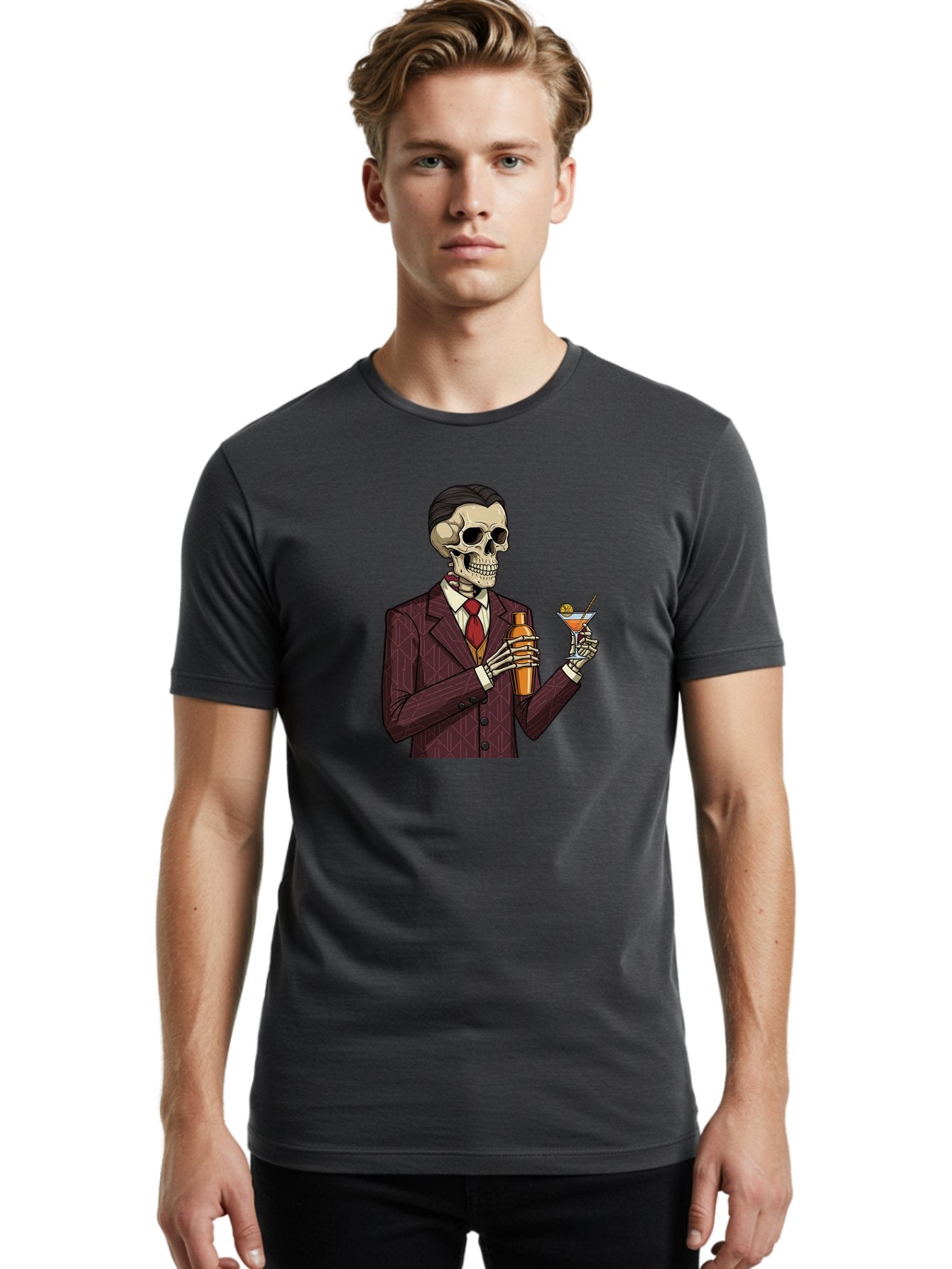 Skeleton-Bartender Men'S Graphic Tee, 100% Cotton, Comfortable Casual Summer Wear, Machine Washable, Skeleton Bartender, Cocktail Shaker, Martini Glass, Red Tie, Maroon Suit, Orange Cocktail, Cocktail Bar, Barware, Mixology Bad568 20