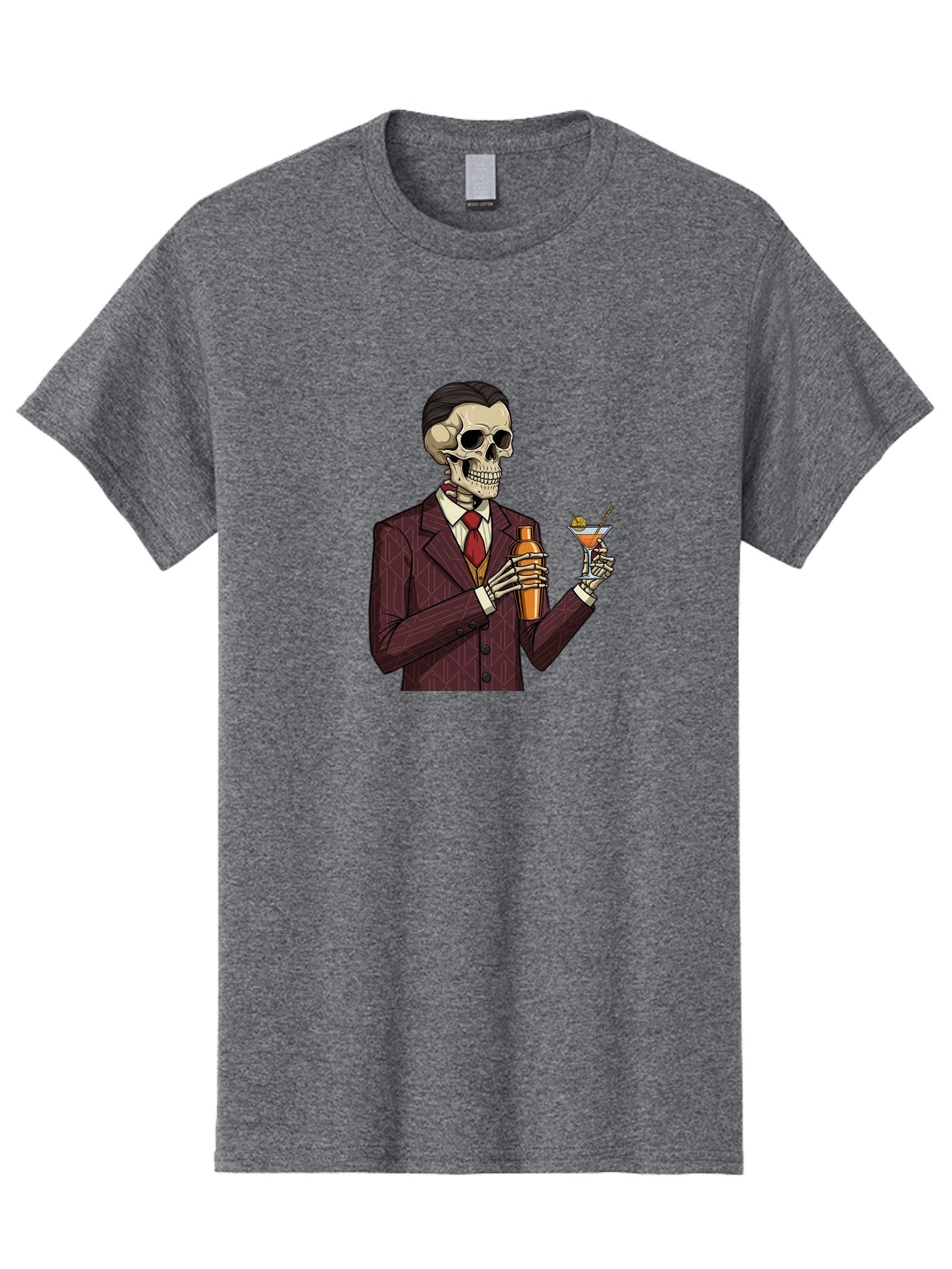 Skeleton-Bartender Men'S Graphic Tee, 100% Cotton, Comfortable Casual Summer Wear, Machine Washable, Skeleton Bartender, Cocktail Shaker, Martini Glass, Red Tie, Maroon Suit, Orange Cocktail, Cocktail Bar, Barware, Mixology Bad568 11