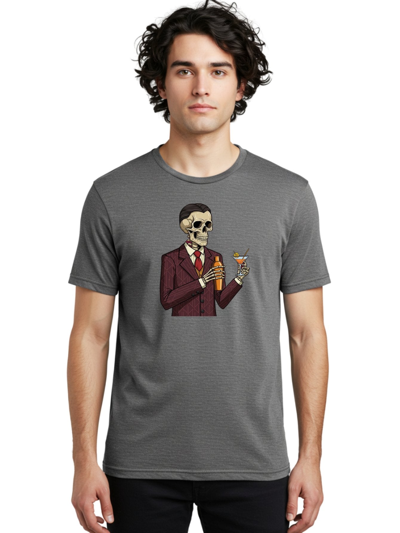 Skeleton-Bartender Men'S Graphic Tee, 100% Cotton, Comfortable Casual Summer Wear, Machine Washable, Skeleton Bartender, Cocktail Shaker, Martini Glass, Red Tie, Maroon Suit, Orange Cocktail, Cocktail Bar, Barware, Mixology Bad568 27