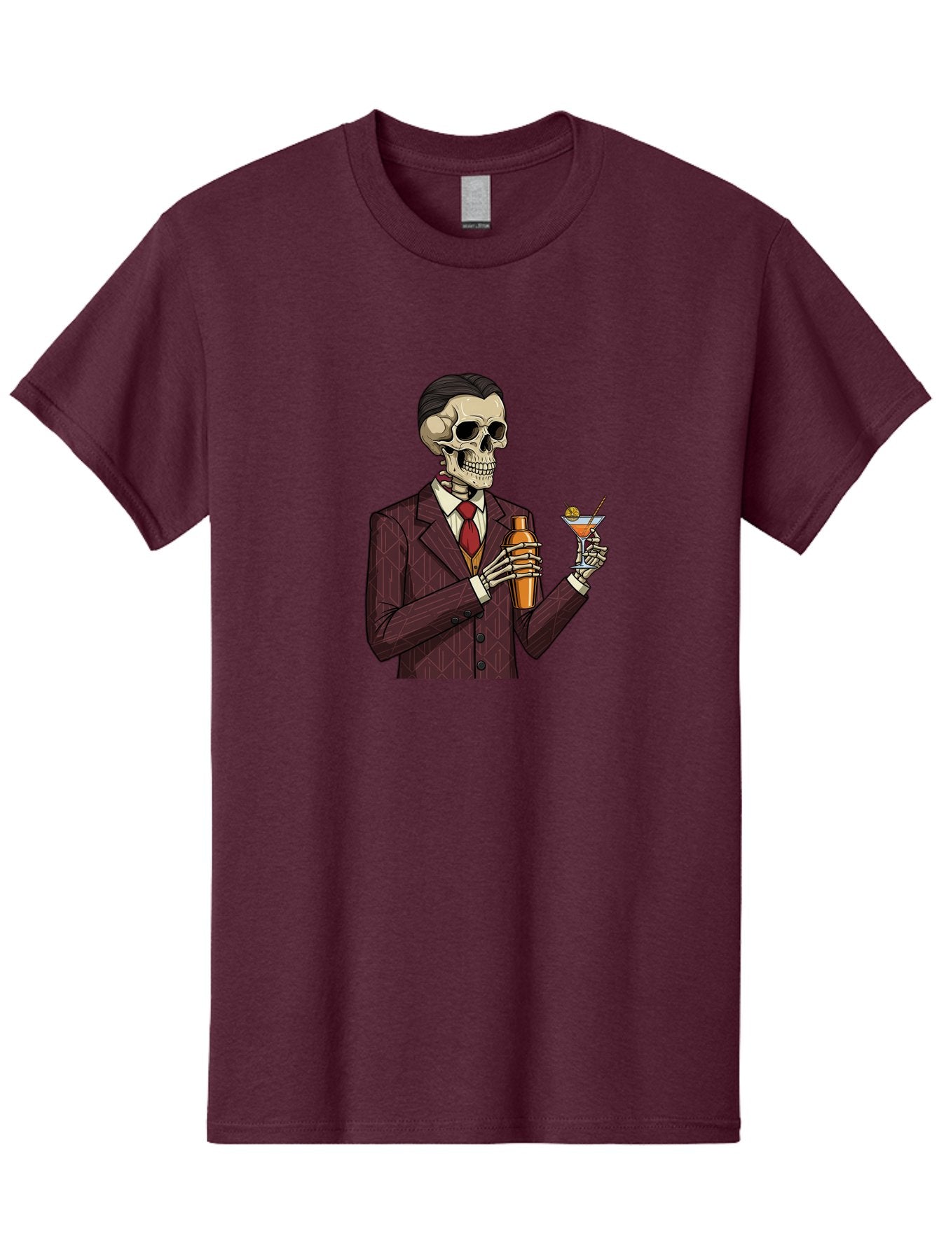 Skeleton-Bartender Men'S Graphic Tee, 100% Cotton, Comfortable Casual Summer Wear, Machine Washable, Skeleton Bartender, Cocktail Shaker, Martini Glass, Red Tie, Maroon Suit, Orange Cocktail, Cocktail Bar, Barware, Mixology Bad568 14