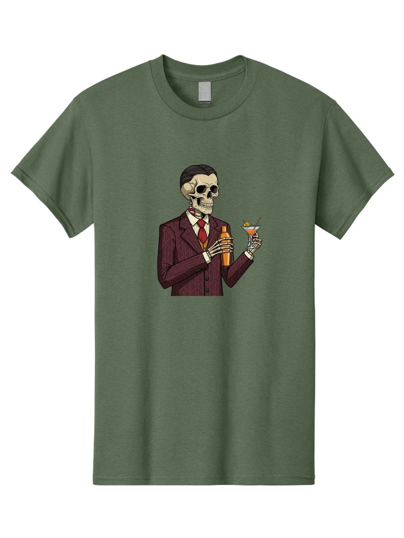 Skeleton-Bartender Men'S Graphic Tee, 100% Cotton, Comfortable Casual Summer Wear, Machine Washable, Skeleton Bartender, Cocktail Shaker, Martini Glass, Red Tie, Maroon Suit, Orange Cocktail, Cocktail Bar, Barware, Mixology Bad568