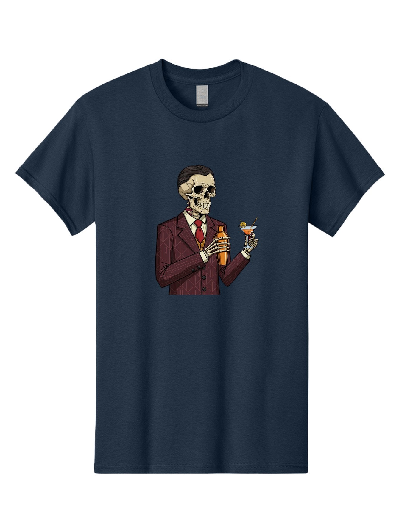 Skeleton-Bartender Men'S Graphic Tee, 100% Cotton, Comfortable Casual Summer Wear, Machine Washable, Skeleton Bartender, Cocktail Shaker, Martini Glass, Red Tie, Maroon Suit, Orange Cocktail, Cocktail Bar, Barware, Mixology Bad568 3