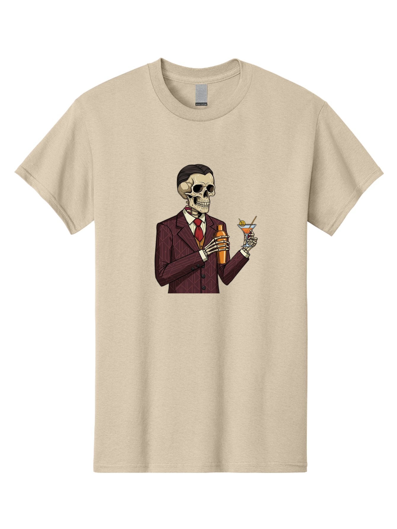 Skeleton-Bartender Men'S Graphic Tee, 100% Cotton, Comfortable Casual Summer Wear, Machine Washable, Skeleton Bartender, Cocktail Shaker, Martini Glass, Red Tie, Maroon Suit, Orange Cocktail, Cocktail Bar, Barware, Mixology Bad568 10