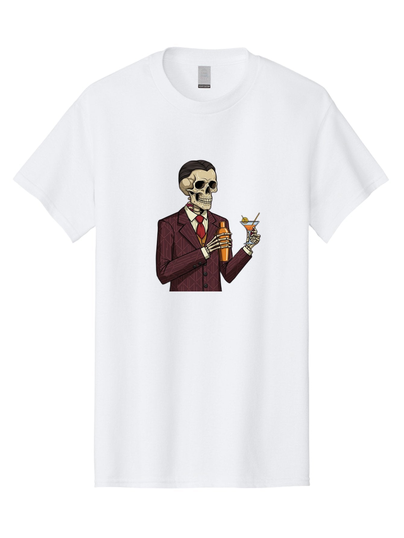 Skeleton-Bartender Men'S Graphic Tee, 100% Cotton, Comfortable Casual Summer Wear, Machine Washable, Skeleton Bartender, Cocktail Shaker, Martini Glass, Red Tie, Maroon Suit, Orange Cocktail, Cocktail Bar, Barware, Mixology Bad568 4