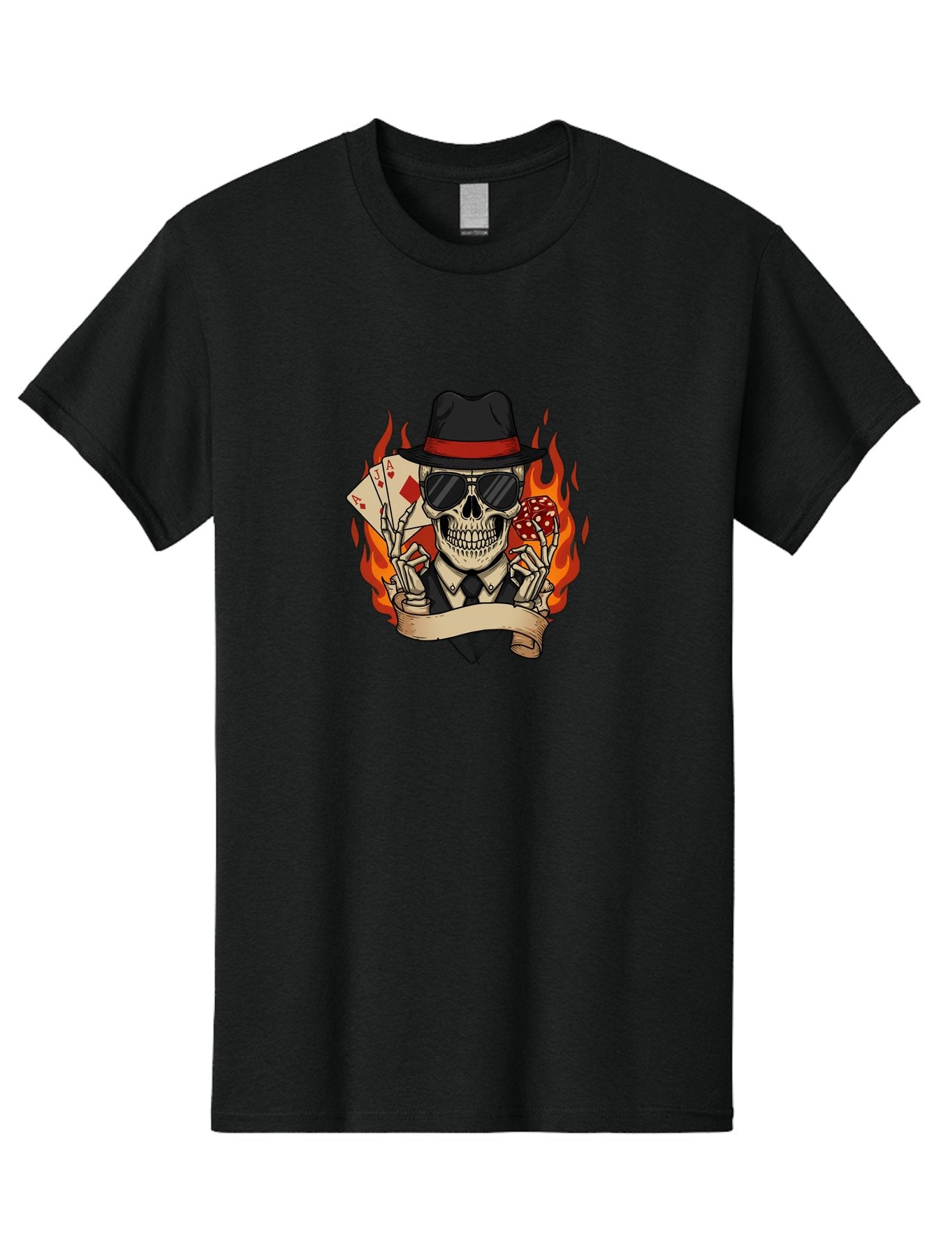 Skeleton-Card-Player Men'S Graphic Tee, 100% Cotton, Comfortable Casual Summer Wear, Machine Washable, Skeleton In Suit And Hat, Playing Cards, Sunglasses, Skull, Poker Face, Flames, Banner, Red Mushroom, Gambler, Red Diamonds Bad569 4