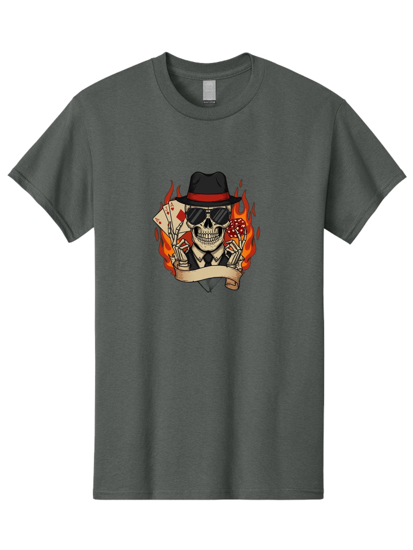 Skeleton-Card-Player Men'S Graphic Tee, 100% Cotton, Comfortable Casual Summer Wear, Machine Washable, Skeleton In Suit And Hat, Playing Cards, Sunglasses, Skull, Poker Face, Flames, Banner, Red Mushroom, Gambler, Red Diamonds Bad569 10