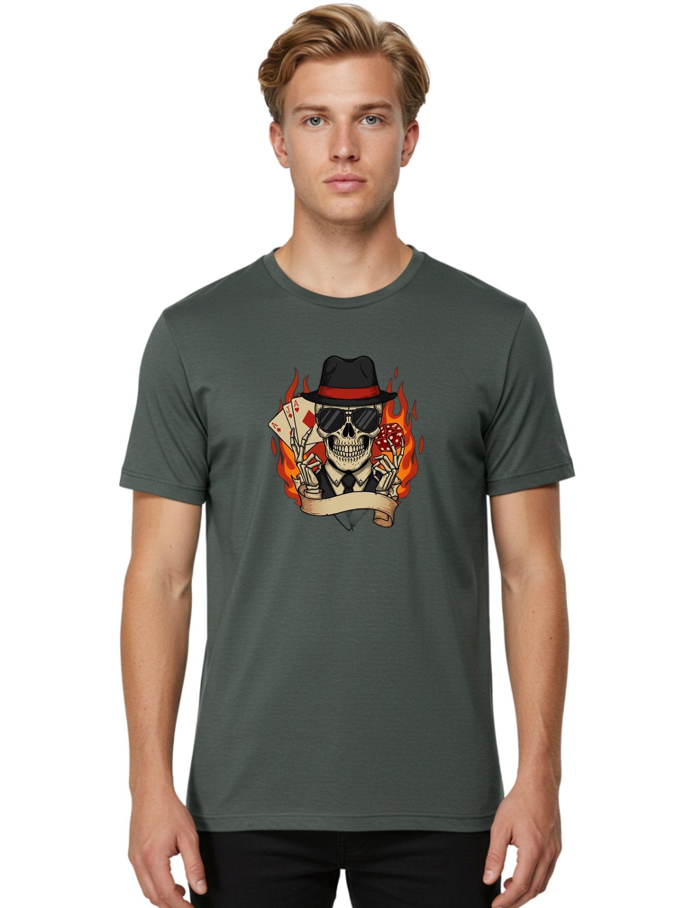Skeleton-Card-Player Men'S Graphic Tee, 100% Cotton, Comfortable Casual Summer Wear, Machine Washable, Skeleton In Suit And Hat, Playing Cards, Sunglasses, Skull, Poker Face, Flames, Banner, Red Mushroom, Gambler, Red Diamonds Bad569 17