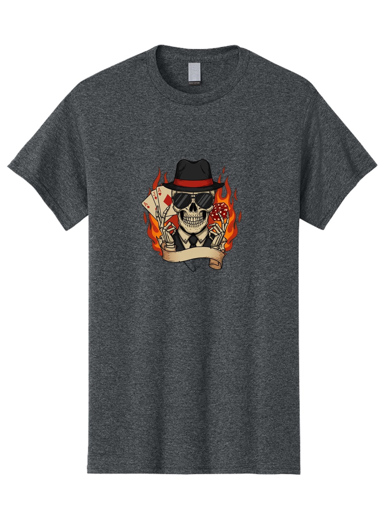 Skeleton-Card-Player Men'S Graphic Tee, 100% Cotton, Comfortable Casual Summer Wear, Machine Washable, Skeleton In Suit And Hat, Playing Cards, Sunglasses, Skull, Poker Face, Flames, Banner, Red Mushroom, Gambler, Red Diamonds Bad569 15