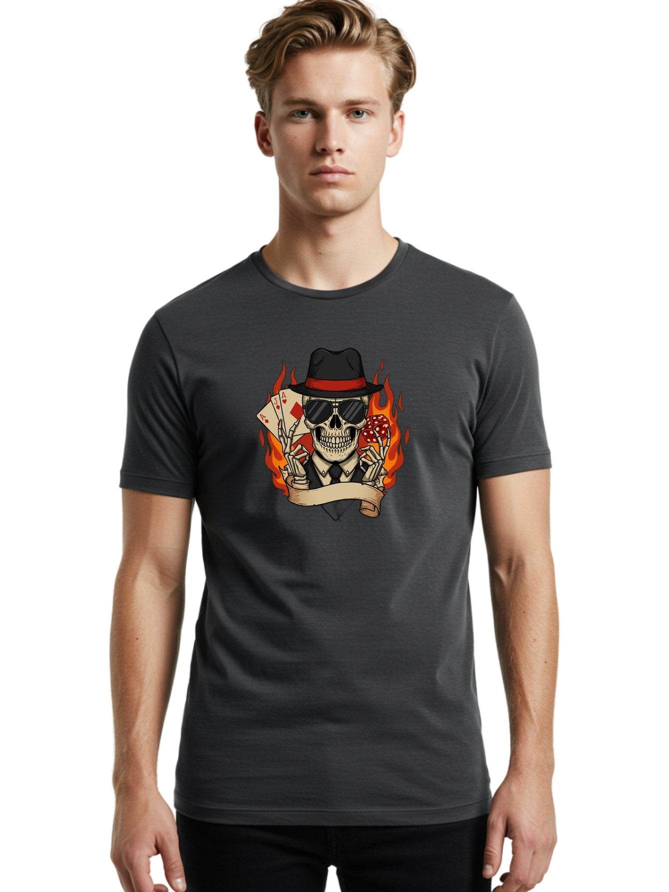 Skeleton-Card-Player Men'S Graphic Tee, 100% Cotton, Comfortable Casual Summer Wear, Machine Washable, Skeleton In Suit And Hat, Playing Cards, Sunglasses, Skull, Poker Face, Flames, Banner, Red Mushroom, Gambler, Red Diamonds Bad569 30