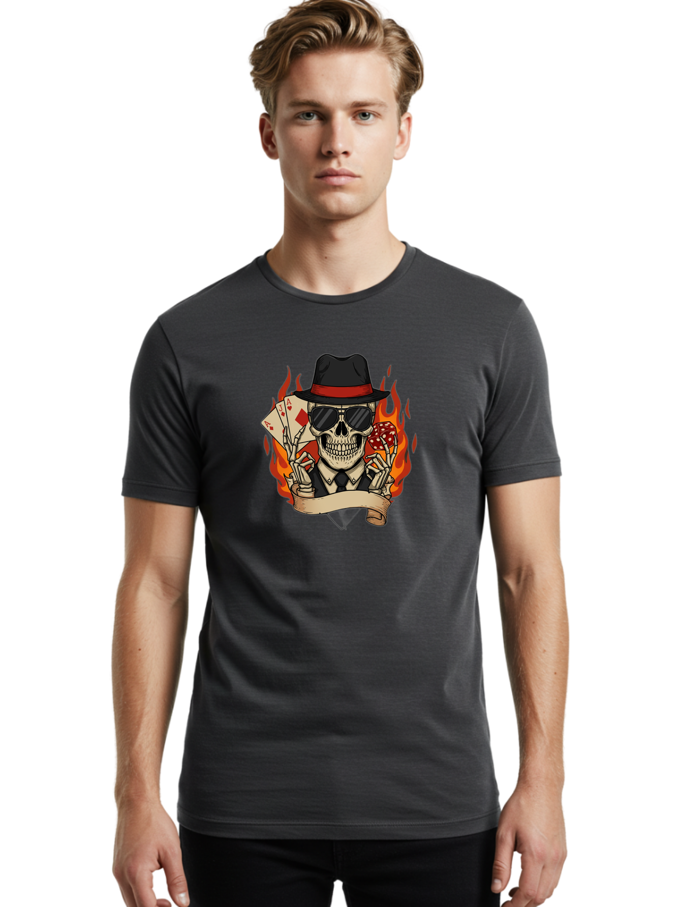 Skeleton-Card-Player Men'S Graphic Tee, 100% Cotton, Comfortable Casual Summer Wear, Machine Washable, Skeleton In Suit And Hat, Playing Cards, Sunglasses, Skull, Poker Face, Flames, Banner, Red Mushroom, Gambler, Red Diamonds Bad569 16