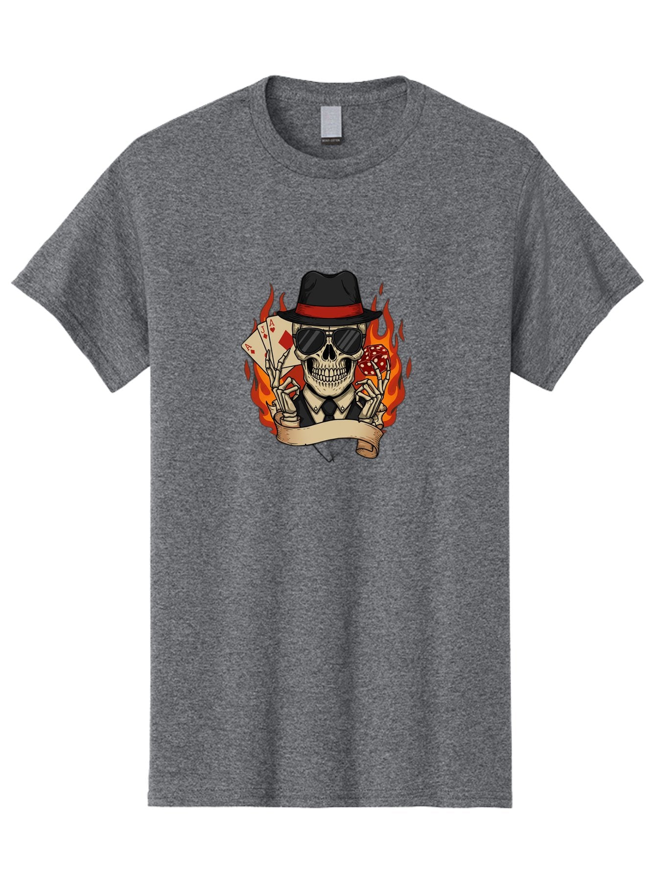 Skeleton-Card-Player Men'S Graphic Tee, 100% Cotton, Comfortable Casual Summer Wear, Machine Washable, Skeleton In Suit And Hat, Playing Cards, Sunglasses, Skull, Poker Face, Flames, Banner, Red Mushroom, Gambler, Red Diamonds Bad569 9