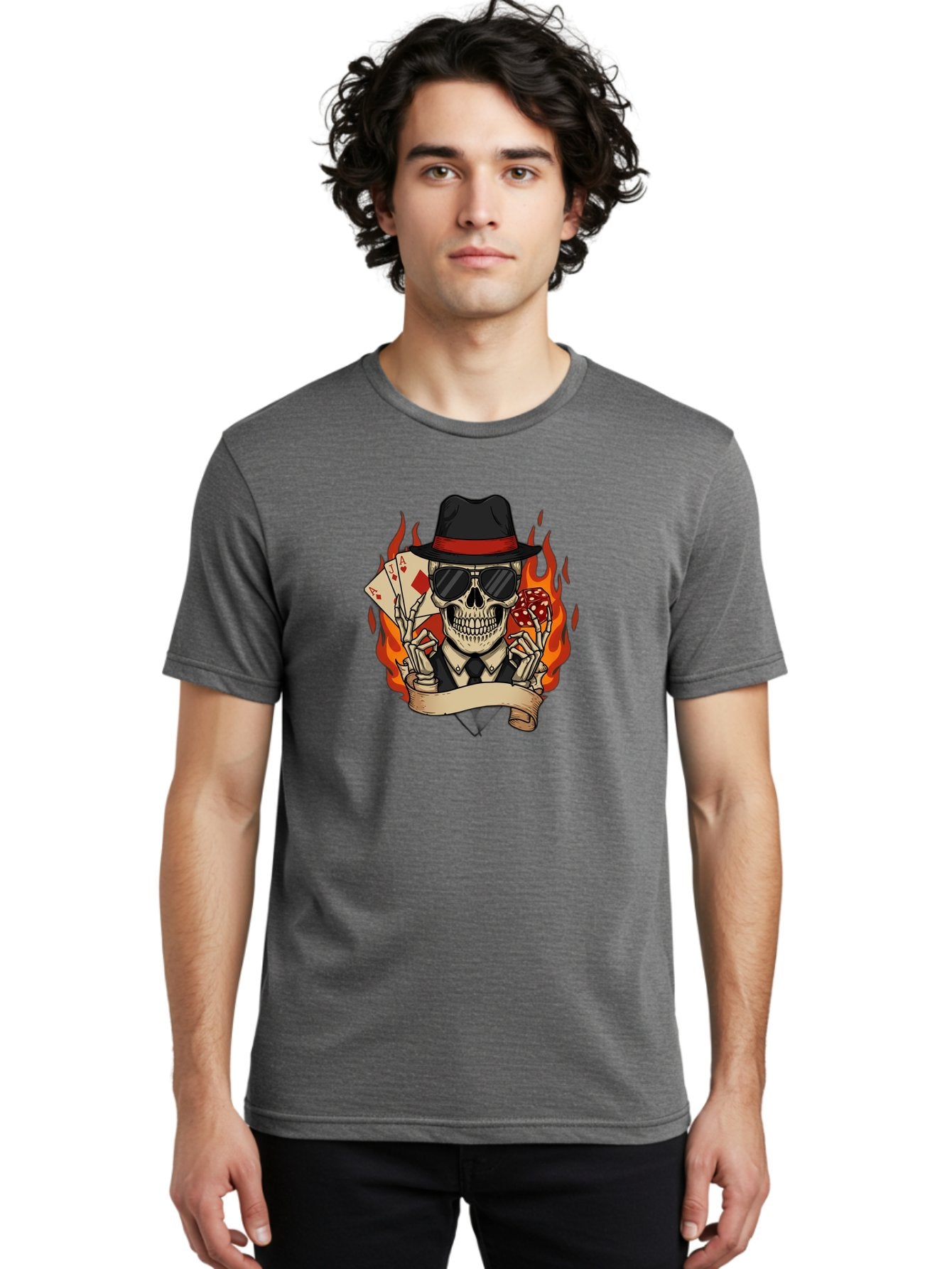 Skeleton-Card-Player Men'S Graphic Tee, 100% Cotton, Comfortable Casual Summer Wear, Machine Washable, Skeleton In Suit And Hat, Playing Cards, Sunglasses, Skull, Poker Face, Flames, Banner, Red Mushroom, Gambler, Red Diamonds Bad569 26