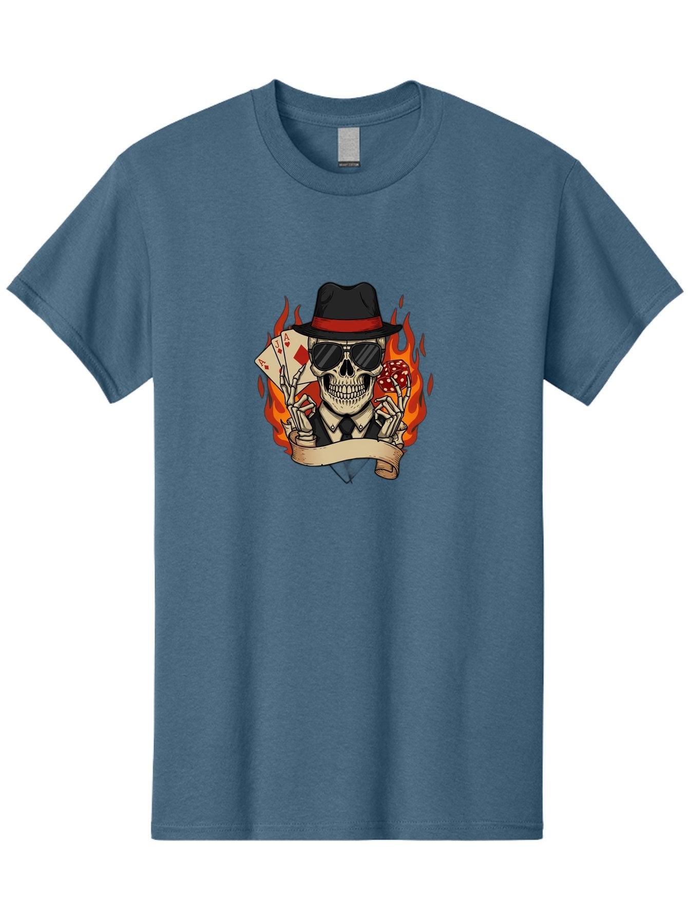 Skeleton-Card-Player Men'S Graphic Tee, 100% Cotton, Comfortable Casual Summer Wear, Machine Washable, Skeleton In Suit And Hat, Playing Cards, Sunglasses, Skull, Poker Face, Flames, Banner, Red Mushroom, Gambler, Red Diamonds Bad569 3