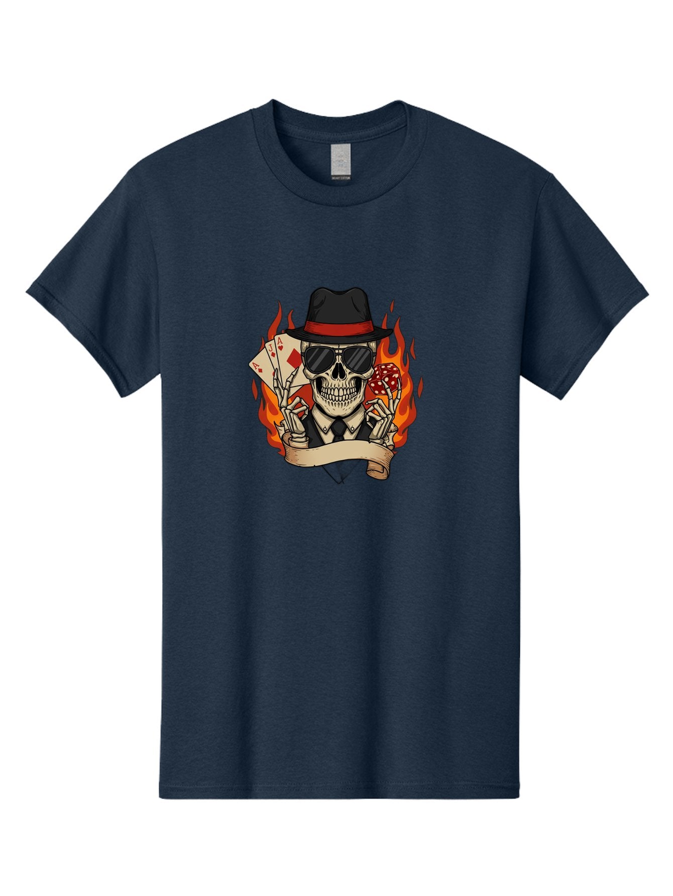 Skeleton-Card-Player Men'S Graphic Tee, 100% Cotton, Comfortable Casual Summer Wear, Machine Washable, Skeleton In Suit And Hat, Playing Cards, Sunglasses, Skull, Poker Face, Flames, Banner, Red Mushroom, Gambler, Red Diamonds Bad569
