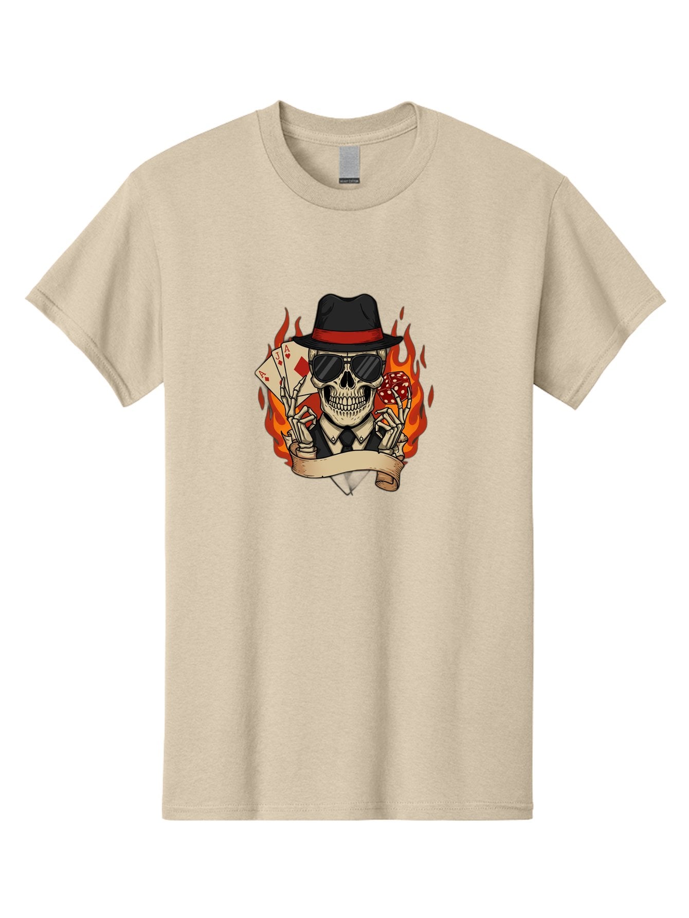 Skeleton-Card-Player Men'S Graphic Tee, 100% Cotton, Comfortable Casual Summer Wear, Machine Washable, Skeleton In Suit And Hat, Playing Cards, Sunglasses, Skull, Poker Face, Flames, Banner, Red Mushroom, Gambler, Red Diamonds Bad569 14