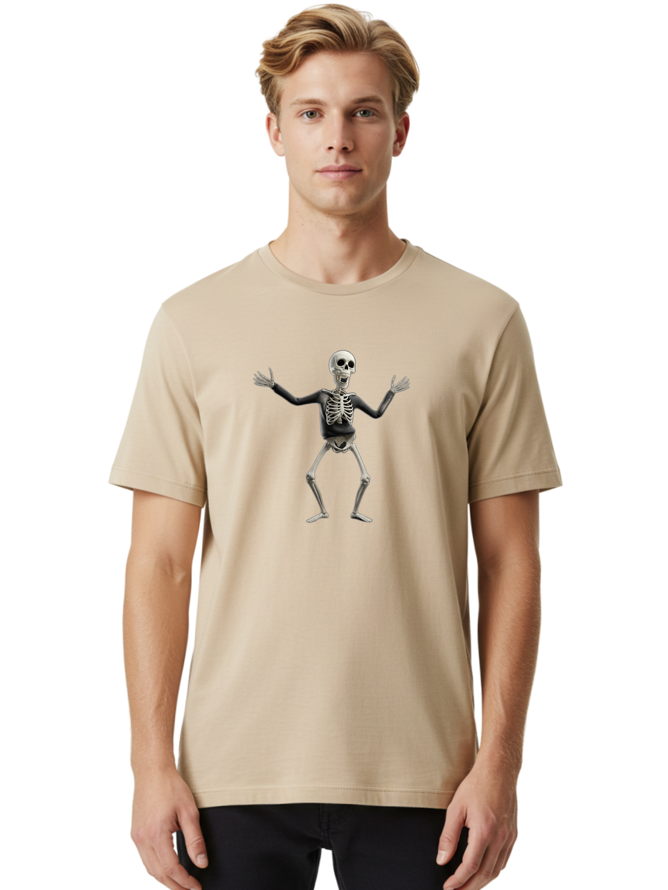 Skeleton-Dancing Men'S Graphic Tee, 100% Cotton, Comfortable Casual Summer Wear, Machine Washable, Skeleton Dancing, Skeletal Figure, Dance Move, Spooky Atmosphere, Halloween Theme, Funny Bones, Bone Structure, Festive Character Bad570 23