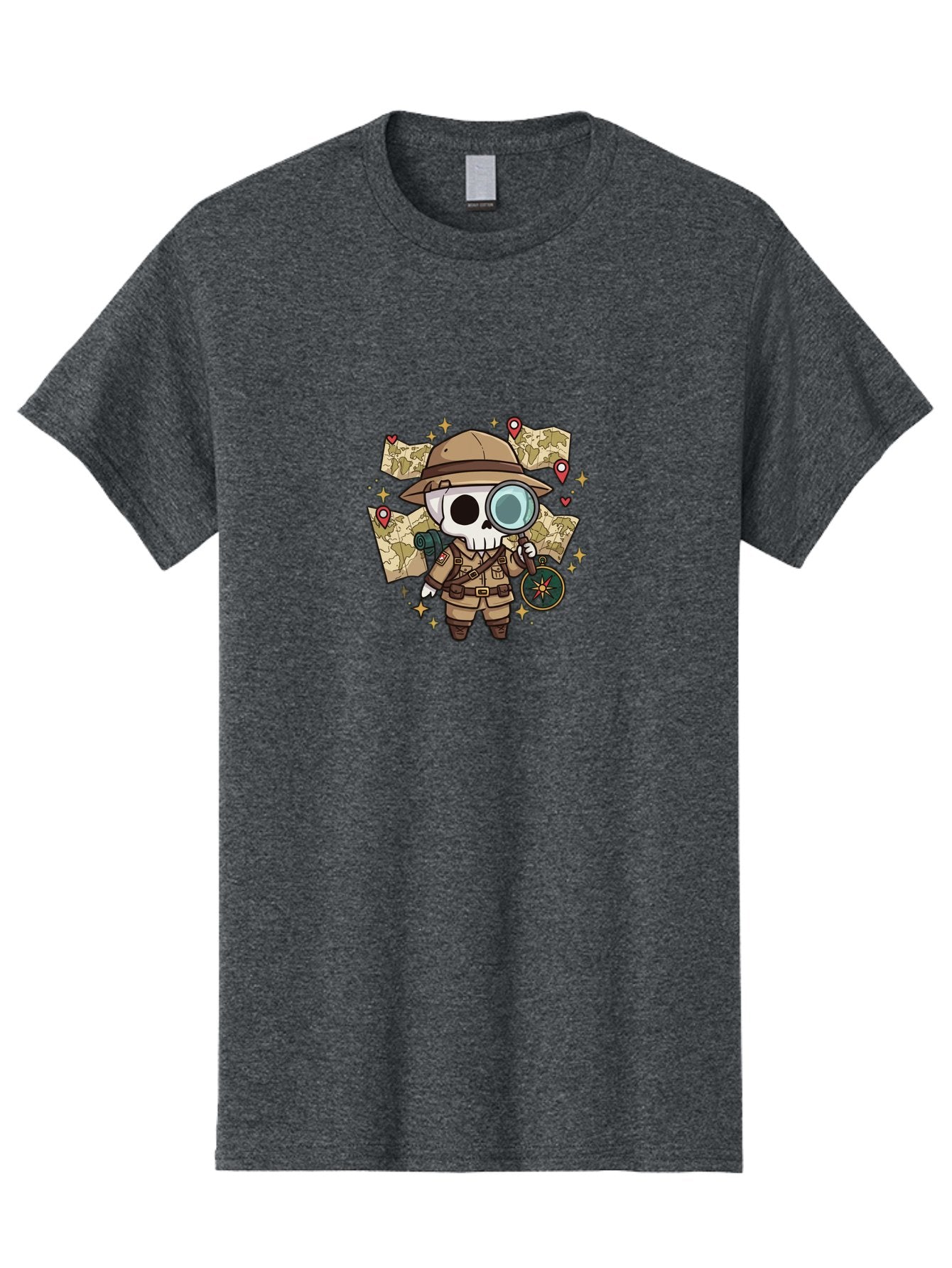 Skeleton-Explorer Men'S Graphic Tee, 100% Cotton, Comfortable Casual Summer Wear, Machine Washable, Cartoon Skeleton, Explorer Outfit, Safari Hat, Magnifying Glass, Map, Compass, Adventure, Discovery, Treasure Hunt, Travel, Exploration, Bad571