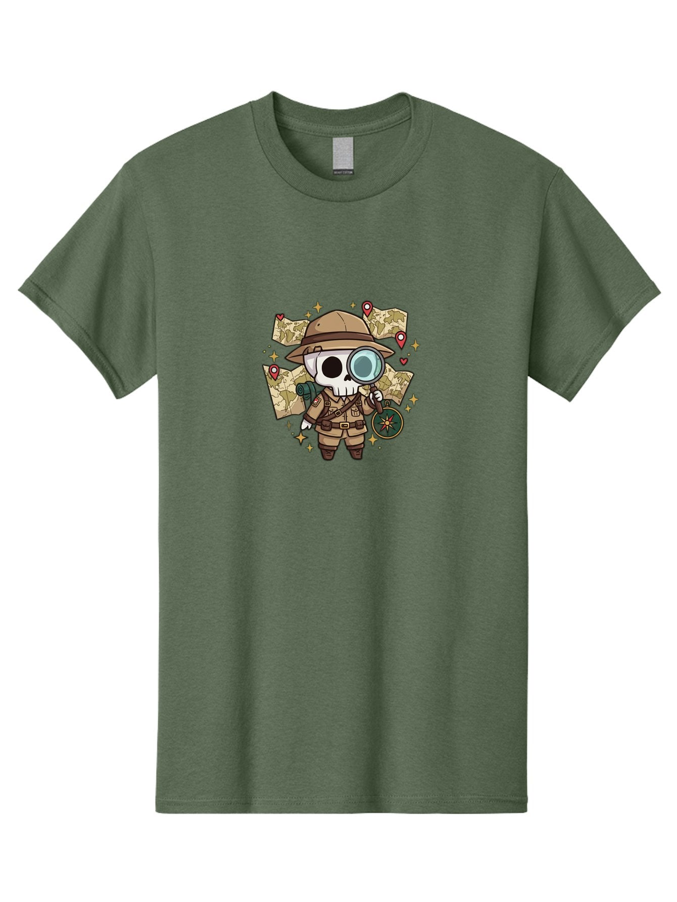 Skeleton-Explorer Men'S Graphic Tee, 100% Cotton, Comfortable Casual Summer Wear, Machine Washable, Cartoon Skeleton, Explorer Outfit, Safari Hat, Magnifying Glass, Map, Compass, Adventure, Discovery, Treasure Hunt, Travel, Exploration, Bad571 3