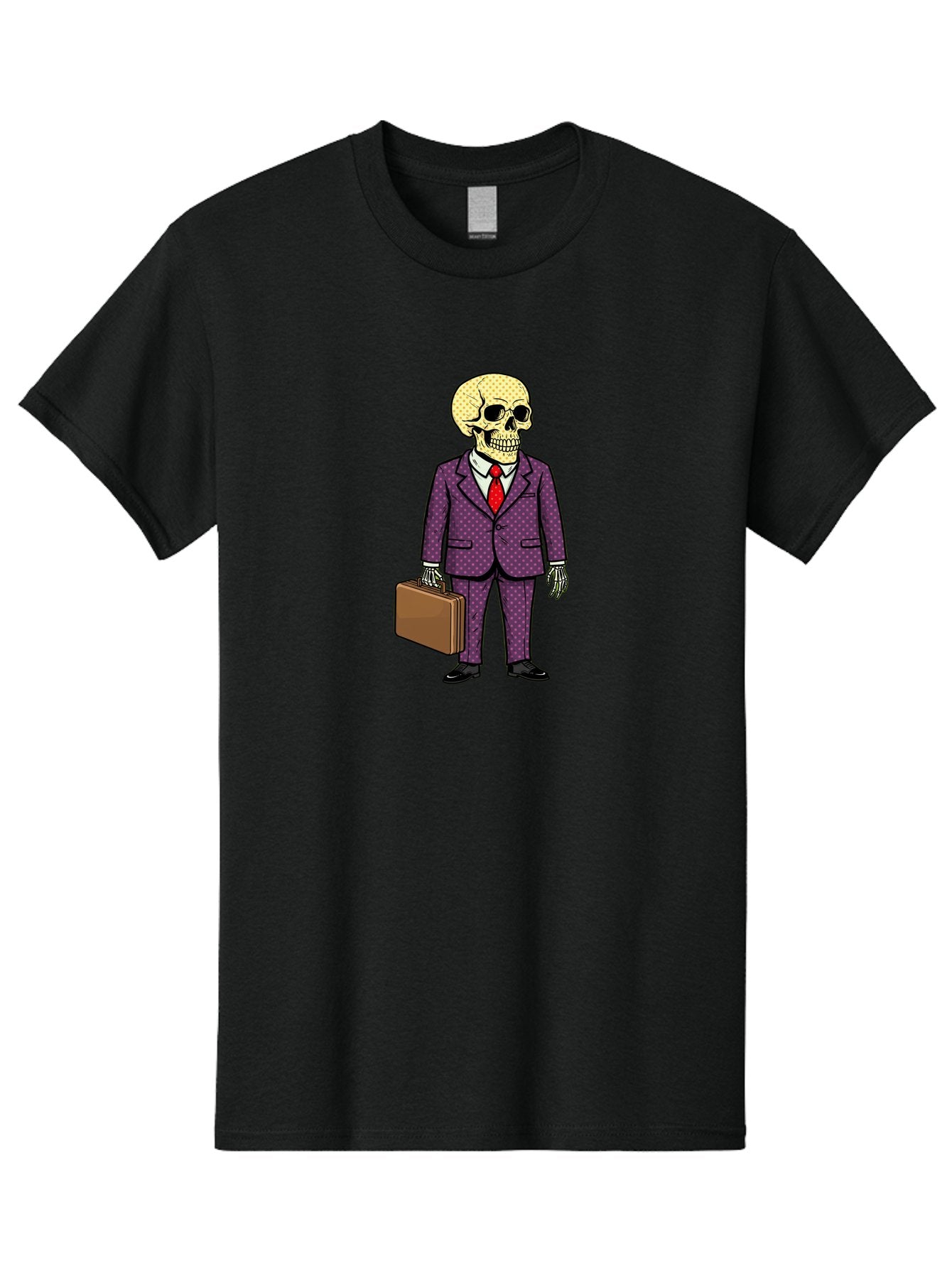 Skeleton-In-Suit-1 Men'S Graphic Tee, 100% Cotton, Comfortable Casual Summer Wear, Machine Washable, Skeleton In Business Attire, Formal Wear, Corporate Style, Briefcase, Red Tie, White Shirt, Purple Suit, Dot Pattern, Skull, Bones, Bad573