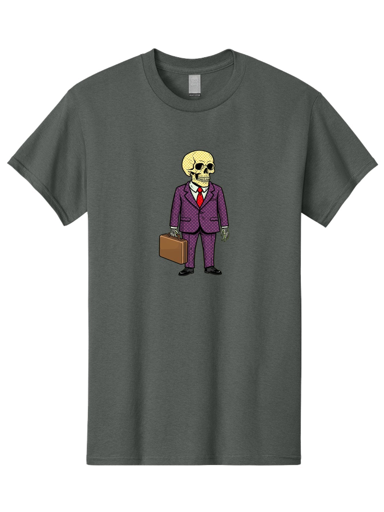 Skeleton-In-Suit-1 Men'S Graphic Tee, 100% Cotton, Comfortable Casual Summer Wear, Machine Washable, Skeleton In Business Attire, Formal Wear, Corporate Style, Briefcase, Red Tie, White Shirt, Purple Suit, Dot Pattern, Skull, Bones, Bad573 13