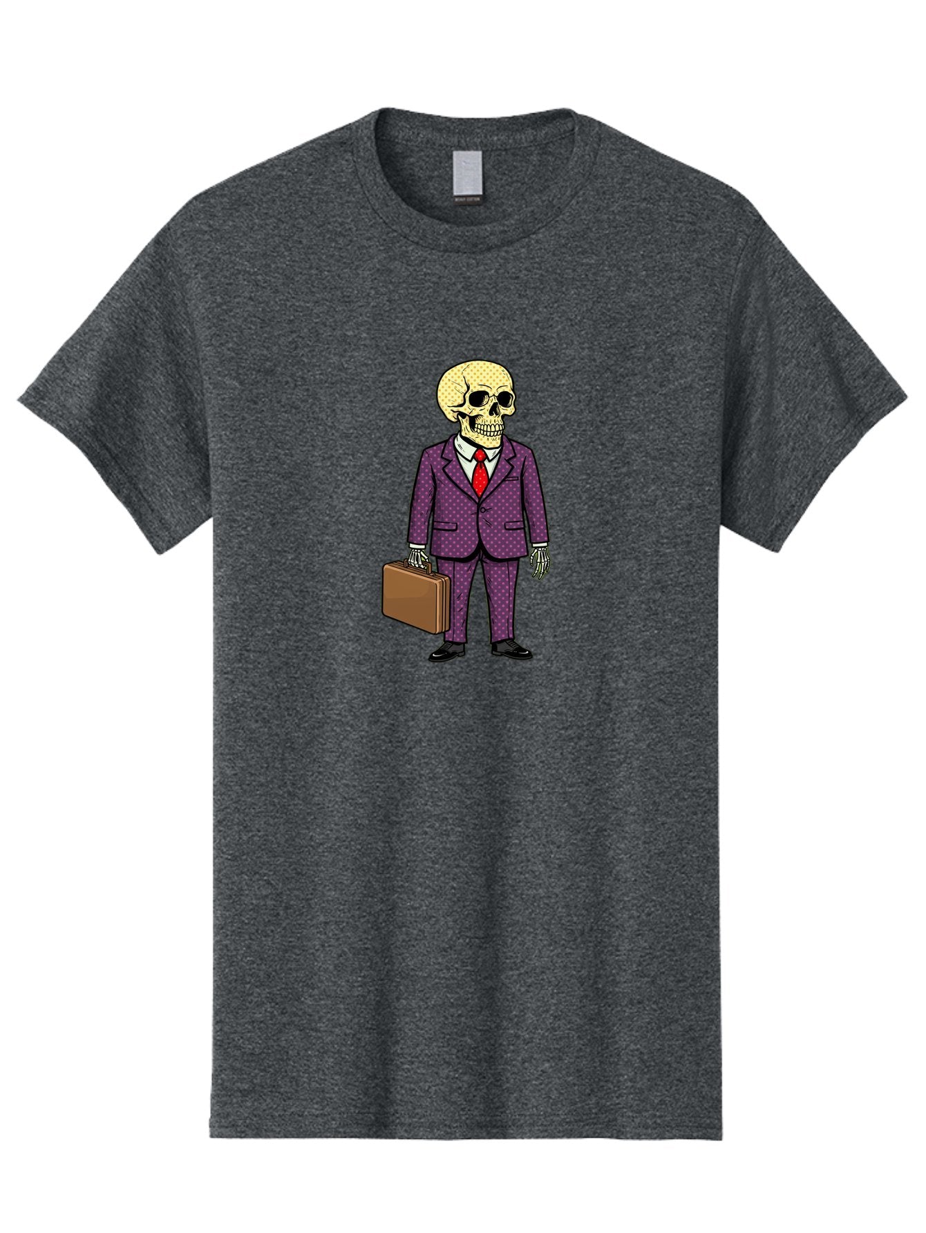 Skeleton-In-Suit-1 Men'S Graphic Tee, 100% Cotton, Comfortable Casual Summer Wear, Machine Washable, Skeleton In Business Attire, Formal Wear, Corporate Style, Briefcase, Red Tie, White Shirt, Purple Suit, Dot Pattern, Skull, Bones, Bad573 11