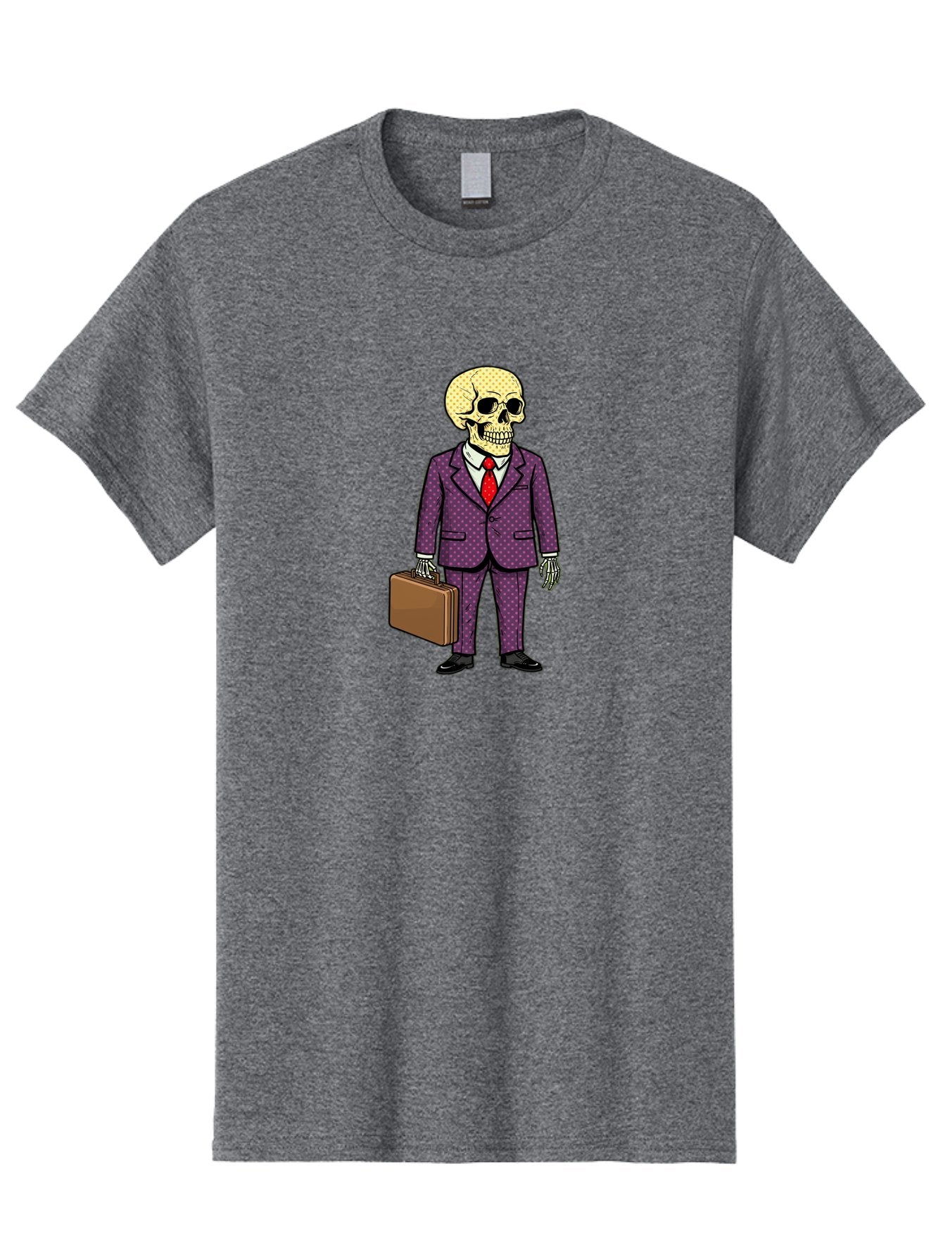 Skeleton-In-Suit-1 Men'S Graphic Tee, 100% Cotton, Comfortable Casual Summer Wear, Machine Washable, Skeleton In Business Attire, Formal Wear, Corporate Style, Briefcase, Red Tie, White Shirt, Purple Suit, Dot Pattern, Skull, Bones, Bad573 8